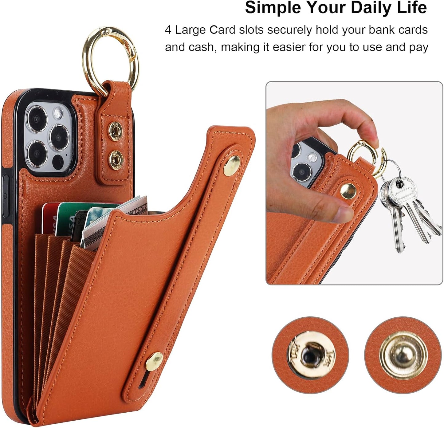Folosu for iPhone 12/12 Pro Wallet Case with Card Holder, Hand Wrist Strap Loop Holder Kickstand, RFID Blocking Finger Grip Ring PU Leather Double Buttons Shockproof Cover 6.1" Brown"