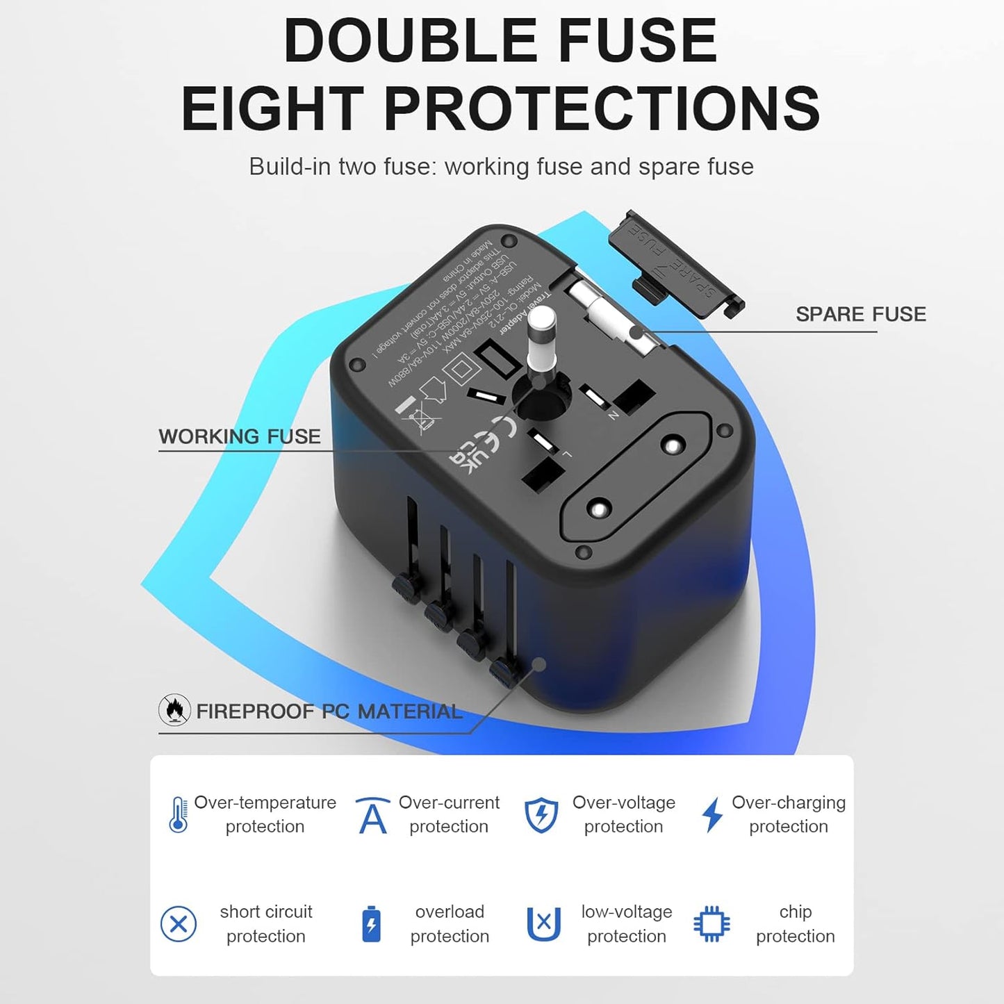 Universal International Power Travel Plug Adapter, 5 in 1 European Travel Plug Adapter W/ 3.5A 2xUSB-A and 2xUSB C Wall Charger and Worldwide AC Outlet for Europe USA UK AUS Asia