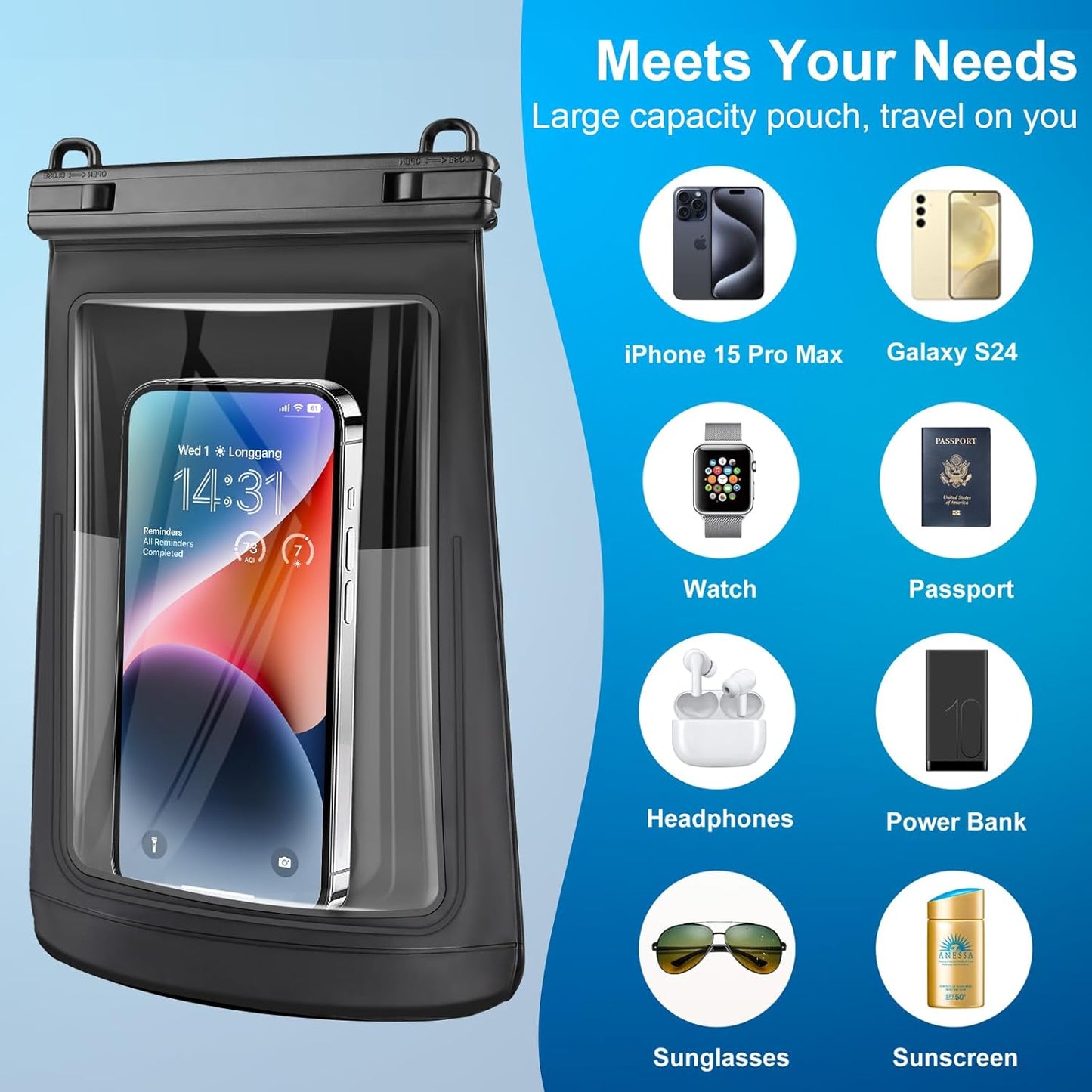 2L Waterproof Phone Pouch for iPhone 16 15 14 11 Pro Max & Galaxy S24 S21 - Floating Large Capacity Dry Bag Stores Sunscreen, Sunglasses - Oversized Waterproof Bag for Beach, Swimming, Kayaking