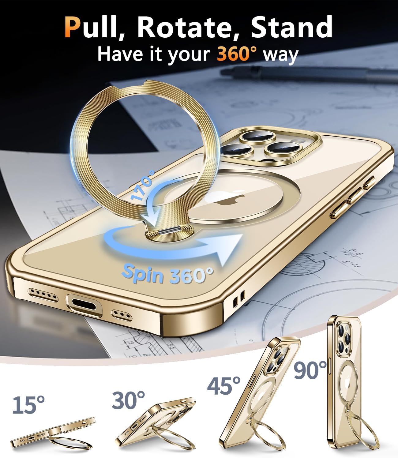 [360° Rotatable CD Stand & Built-in Privacy Screen Magnetic Case for iPhone 15 Pro [Compatible with MagSafe & Full Signal] Mil-Grade Shockproof Full Body Anti-Spy Cover for 15 Pro-Gold