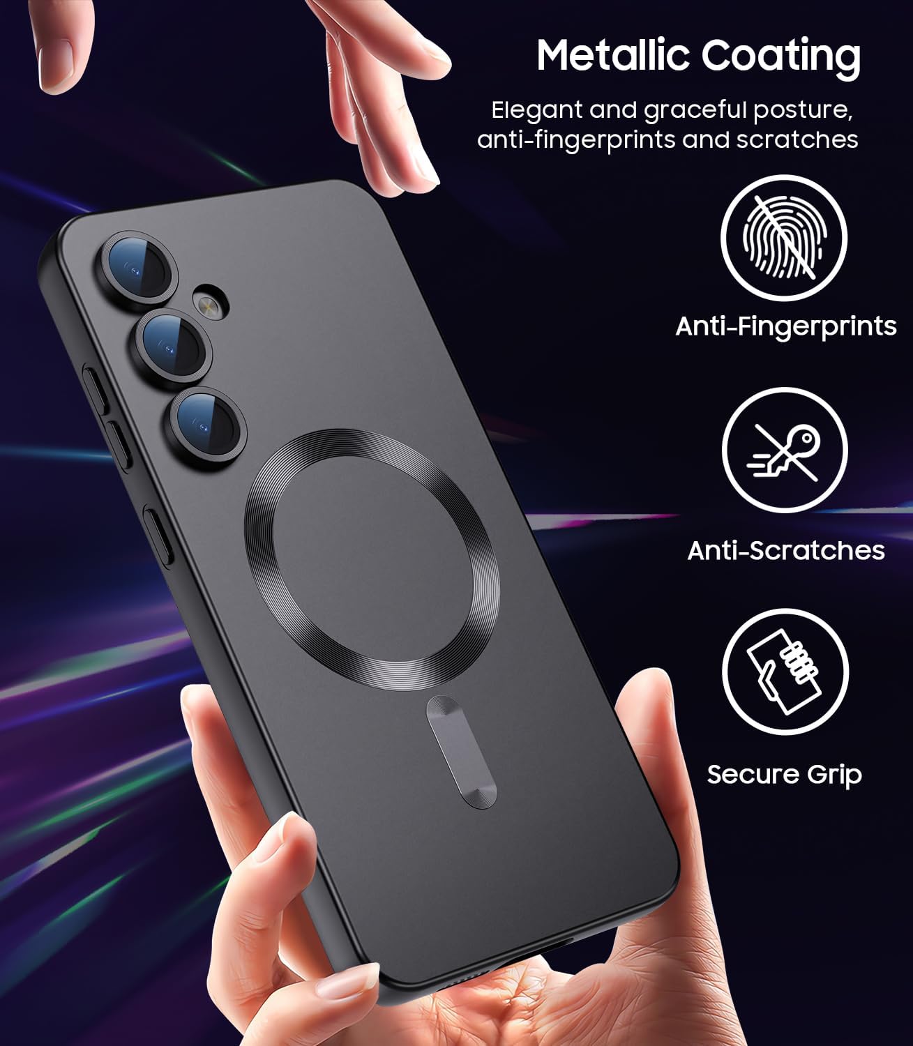 Magnetic for Samsung Galaxy S25 Plus Case [Compatible with MagSafe][Built-in Camera Lens Protector] Slim Soft Silicone Bumper Shockproof Metallic Luster Phone Shell (Black)