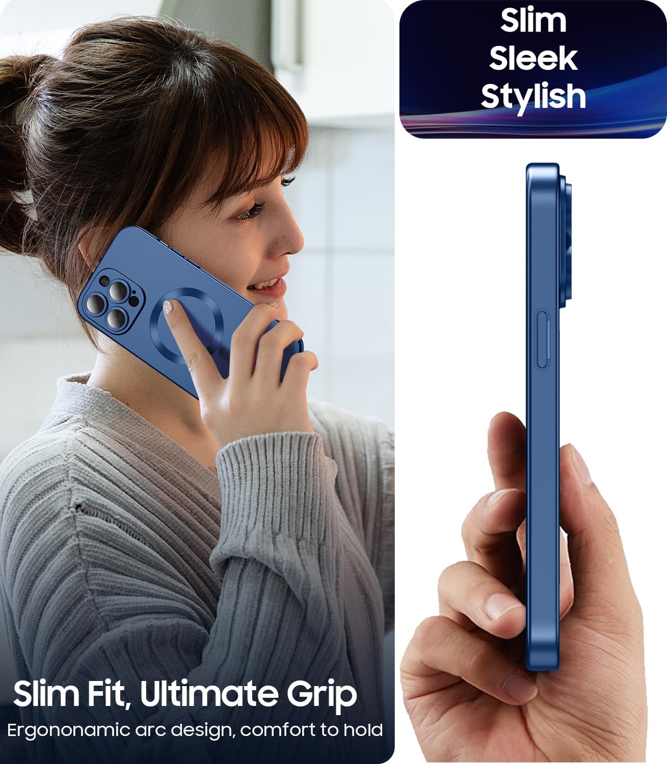 Magnetic for iPhone 15 Pro Case [Compatible with MagSafe][Built-in Camera Lens Protector] Slim Soft Silicone Bumper Shockproof Metallic Shine Phone Case (Blue)