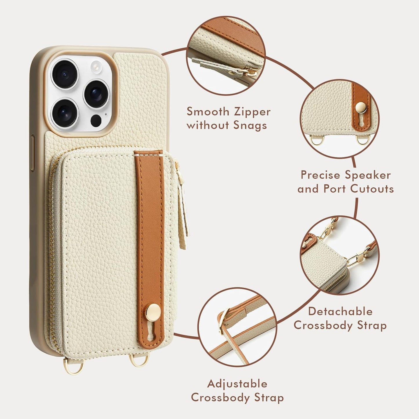 LAMEEKU for iPhone 14 Pro Max Wallet Case with Card Holder, Zipper Leather Crossbody Case with Kickstand Lanyard for Women, Cover with Phone Grip Holder Stand for Apple iPhone 14 Pro Max 6.7" Beige"