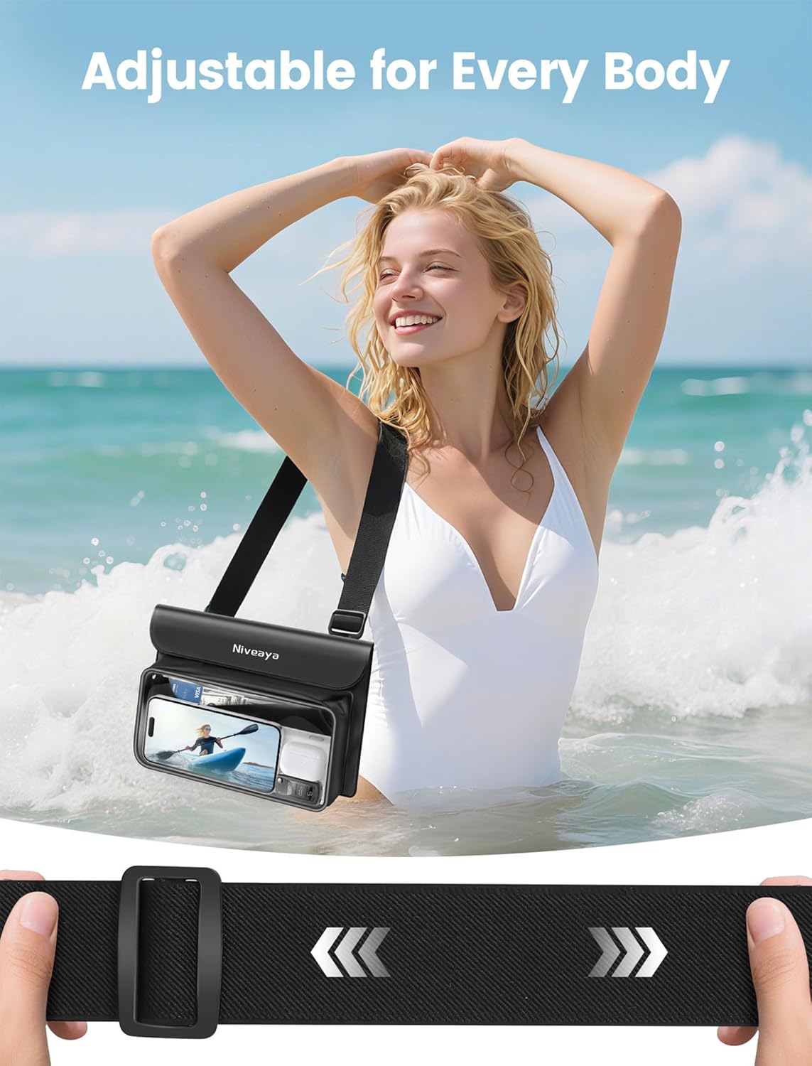 Niveaya IP68 Waterproof Fanny Pack - 2 Pack, Floating Dry Bag Pouch, Phone Waterproof Waist Pouch Dry Bag, Beach, Kayaking, Swimming, Boat Essentials, for iPhone 16/15/14/13/12 Pro Max up to 9.5""