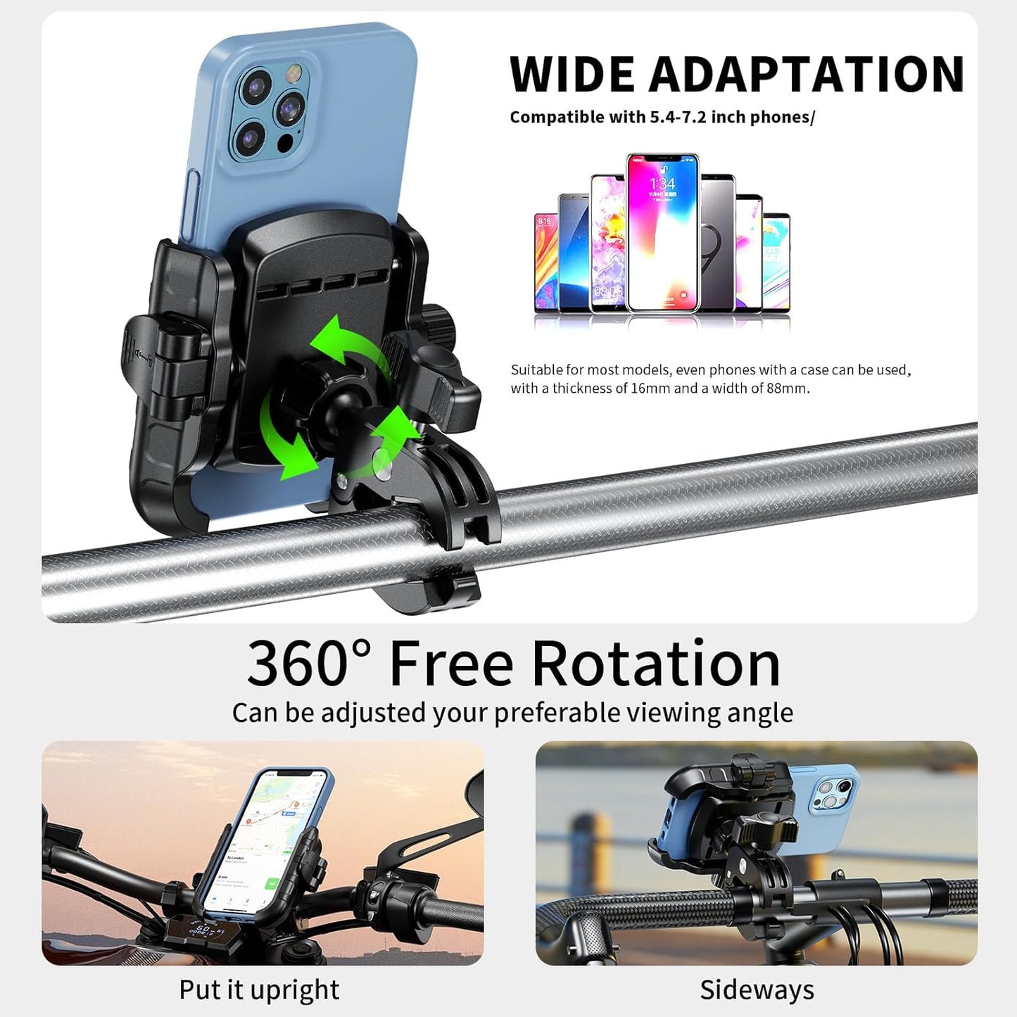 Kewig Motorcycle Phone Mount Holder- [Camera Friendly] [1s Lock & Release] Bike Phone Mount Handlebar Clamp, Bicycle Scooter Phone Holder for 5.4-7.2" Smartphones"