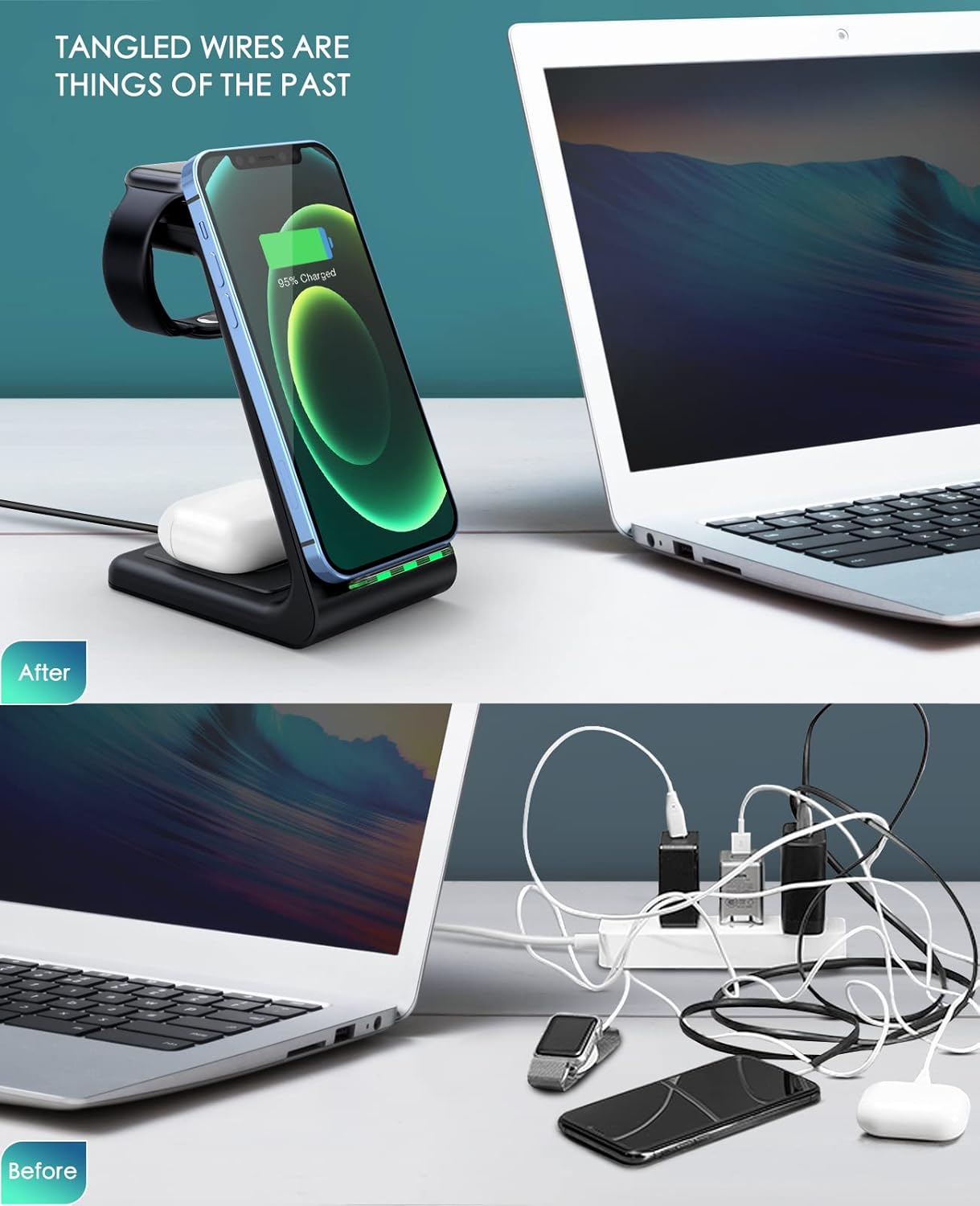 3 in 1 Wireless Charging Station, 2025 Upgraded Fast Desk Charger Station for iPhone 16 15 14 13 12 Pro Max Plus, Charger Stand for Apple Watch 10 9 8 7 6 5 4 3 2 SE, Airpods 4 3 2 Pro(Black)