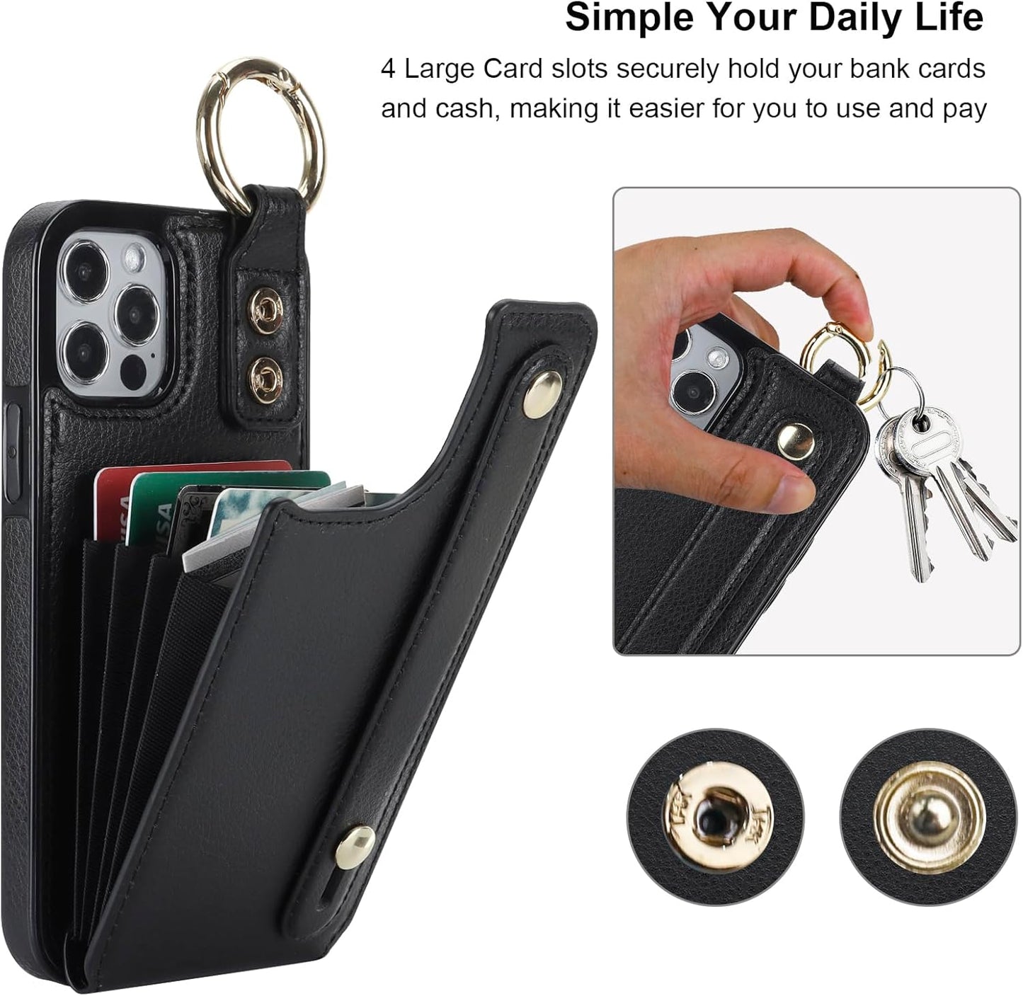 Folosu for iPhone 12/12 Pro Wallet Case with Card Holder, Hand Wrist Strap Loop Holder Kickstand, RFID Blocking Finger Grip Ring PU Leather Double Buttons Shockproof Cover 6.1" Black"