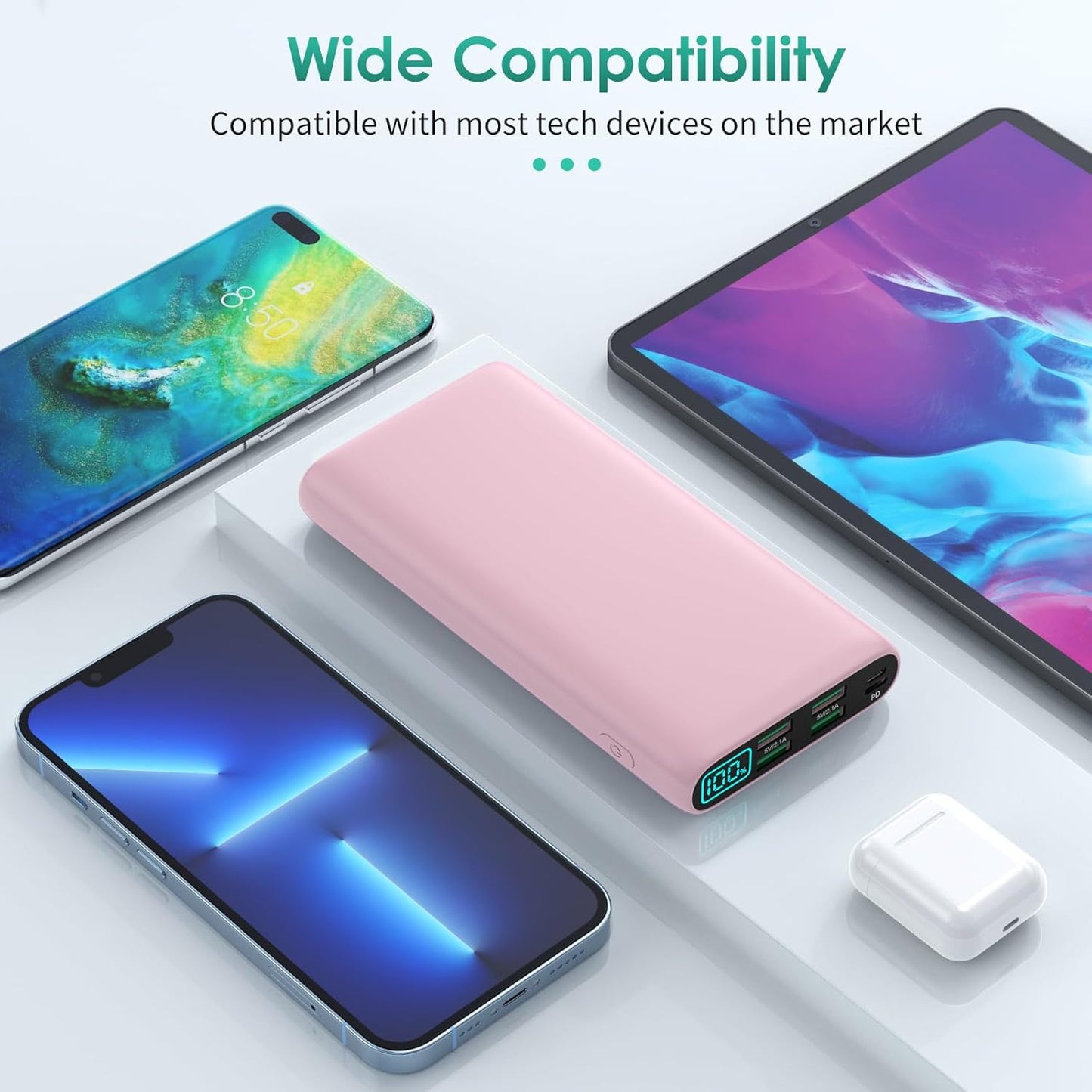 Portable Charger 38800mAh,LCD Display Power Bank,5 USB Outputs Battery Pack Backup,USB-C in&out Dual Input Phone Charging Compatible with iPhone 16/15/14/13 Pro,Android Samsung Galaxy Pixel Nexus-Pink