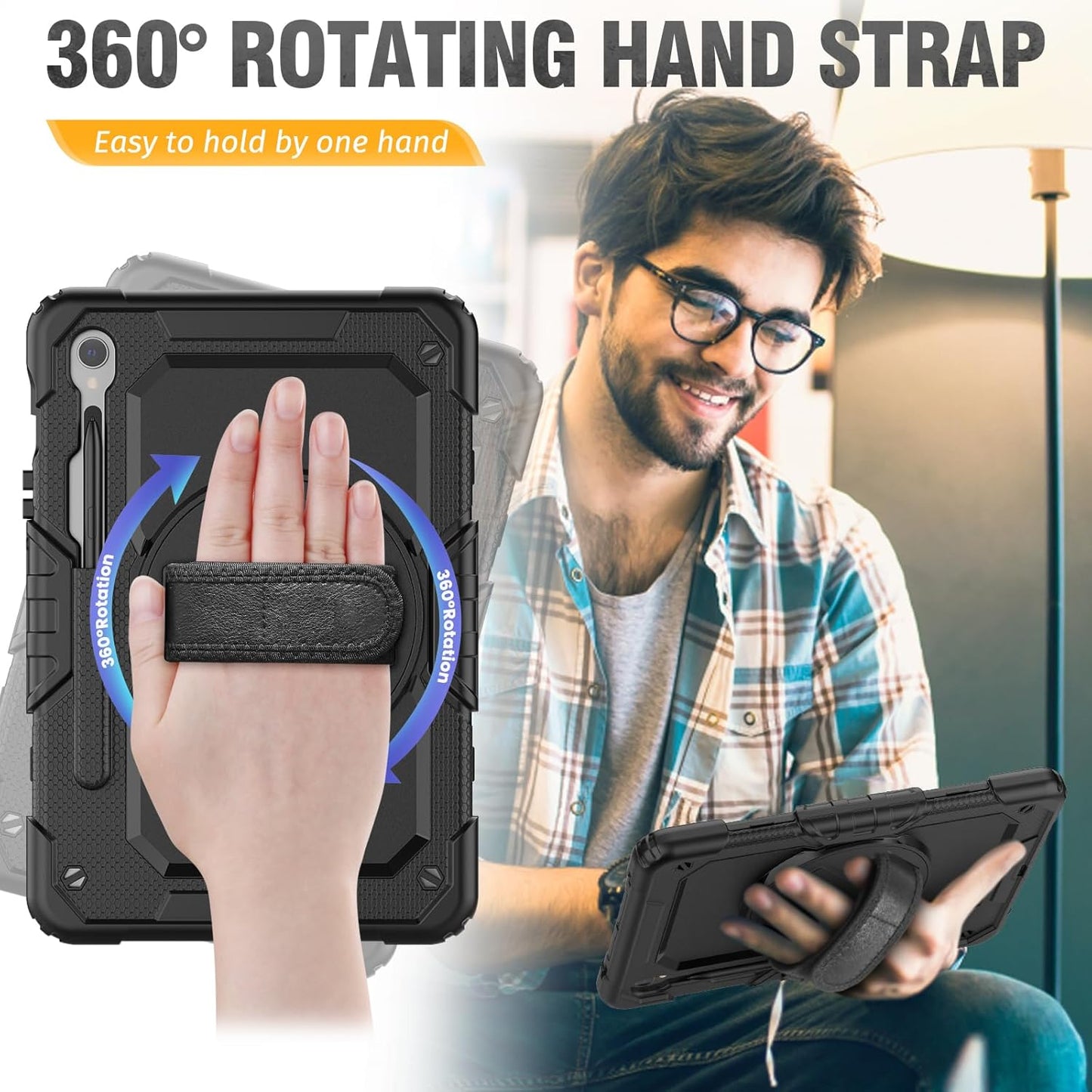 HXCASEAC Case for Galaxy Tab S10 FE / S9 FE 5G 10.9 inch, Shockproof Design with Screen Protector, 360° Hand Strap Stand, S Pen Holder, Heavy Duty Protective Samsung S9 FE / S10 FE Tablet Case, Black