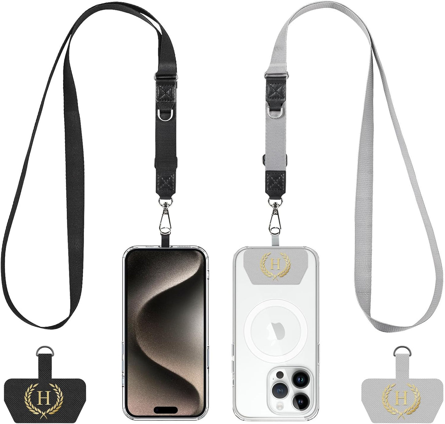 Phone Lanyard 2 Pack, Adjustable Cell Phone Multifuctional Patch Lanyards,Compatible with Most Smartphones and Wallets Keys ID Badges Travel Essentials (Black+Gray)(Lanyard Letter Sign H)