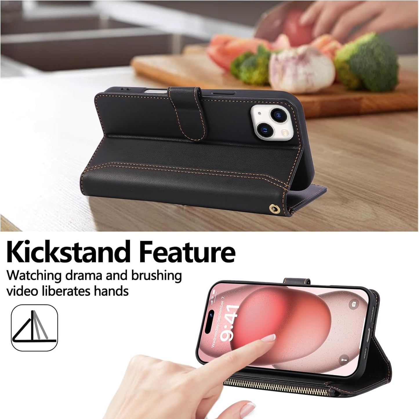Compatible with iPhone 13/14 Wallet Phone Case-PU Leather Magnetic Flip Cover with Credit Card Slots,Zipper Pocket & Detachable Wrist Strap,Shockproof Design,for Women and Men-Black