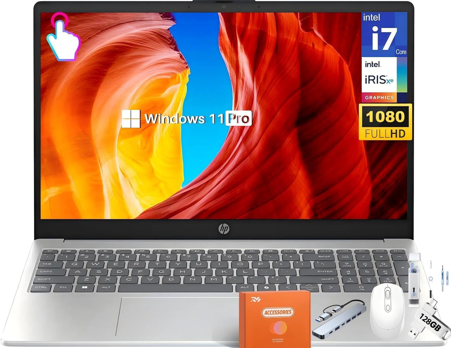 HP 15.6 Touchscreen Laptop Computer for Business, Intel 13th Gen i7-1355U(Up to 5.0 GHz), 15.6" FHD Touch Screen, 64 GB RAM, 2 TB SSD, Iris Xe GPU, Wi-Fi 6, HD Webcam, Windows 11 Pro, w/Accessories