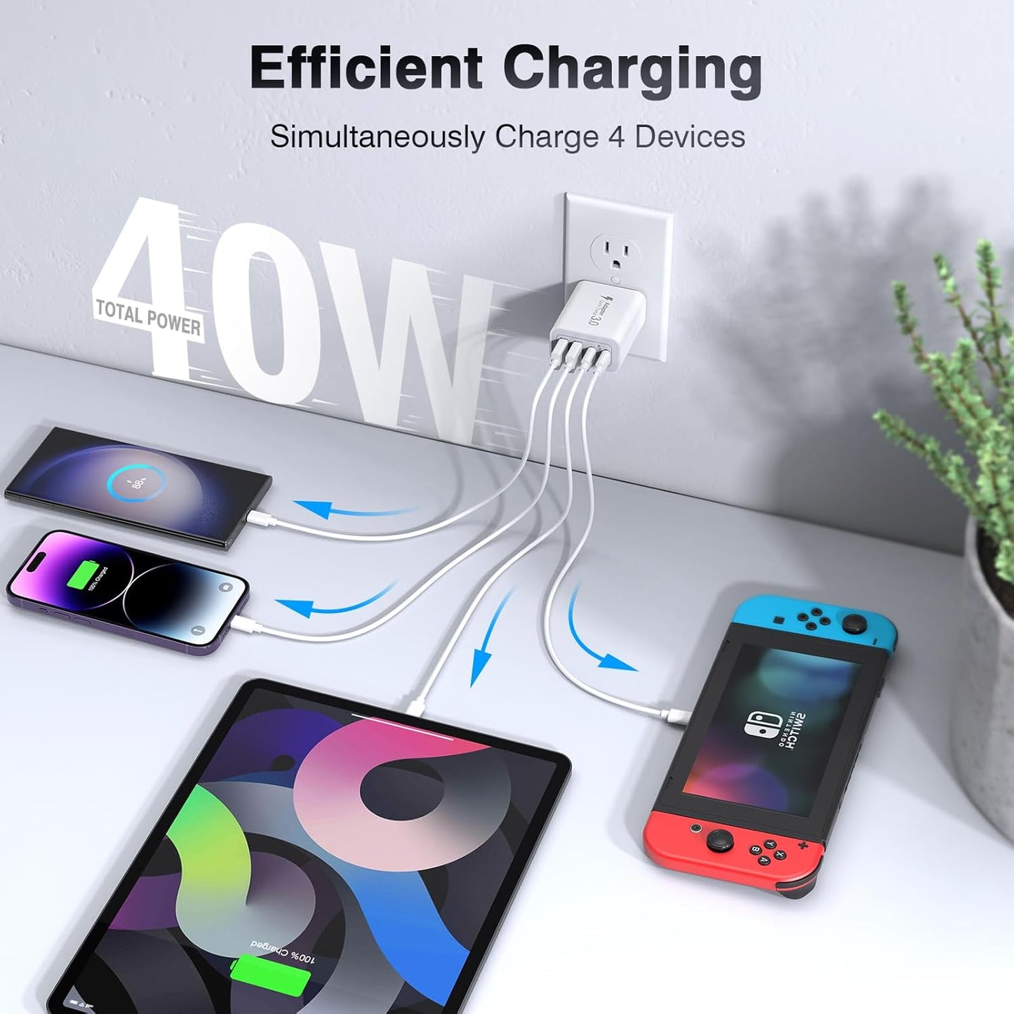[3-Pack] USB C Wall Charger, 40W Fast USB C Charger Block, 4-Port PD+QC Wall Plug Power Adapter Multiport Type C Charging Block for iPhone 16/15/14/13/12/Pro Max, iPad,Samsung,AirPods4,Watch10,Ultra2