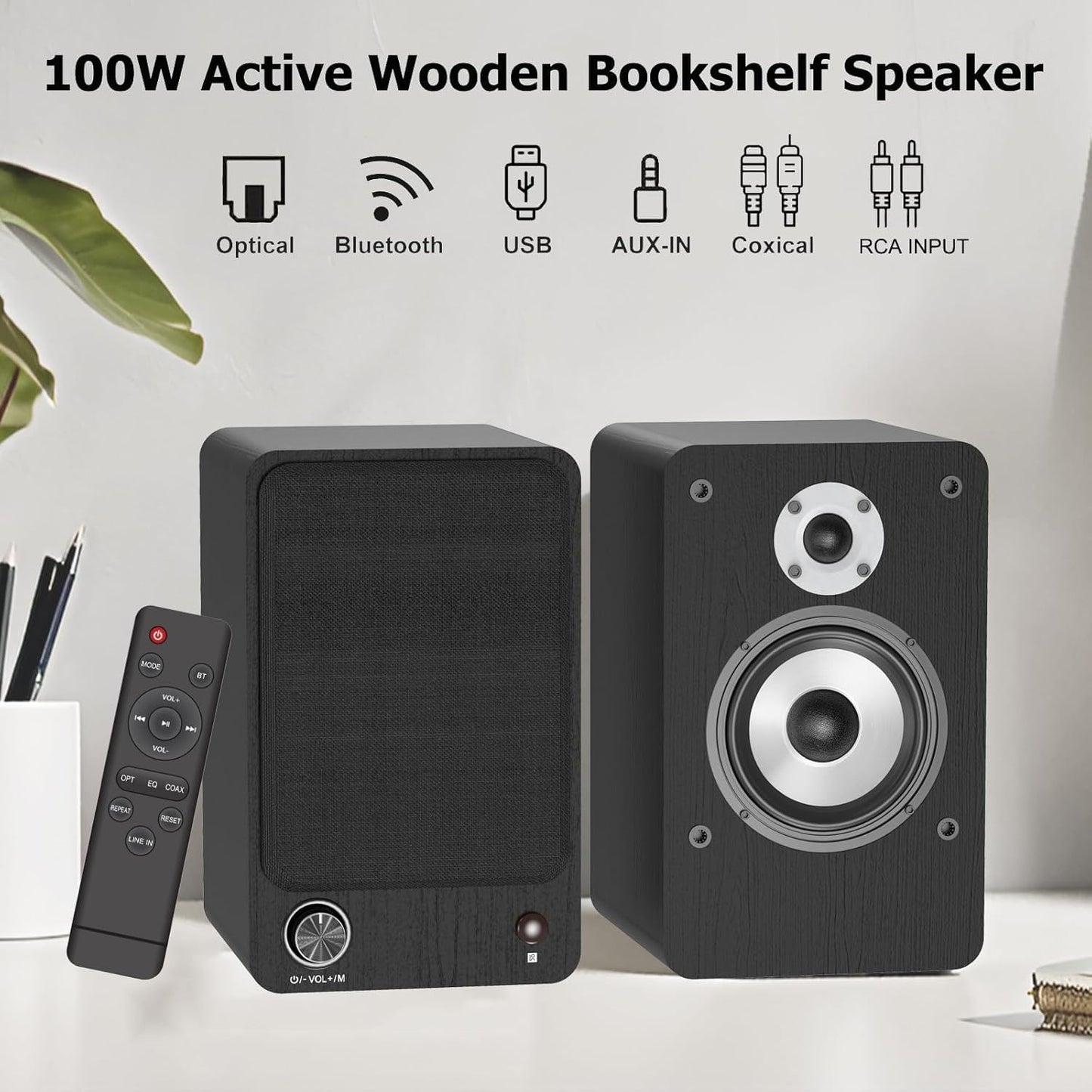 LONPOO Powered Bookshelf Speakers for Record Player,2.0CH Bluetooth Active Near Field Monitors with 1-inch Silk Domed Tweeter and 4-inch Aluminium Speaker for Home Theater, 100 Watts RMS
