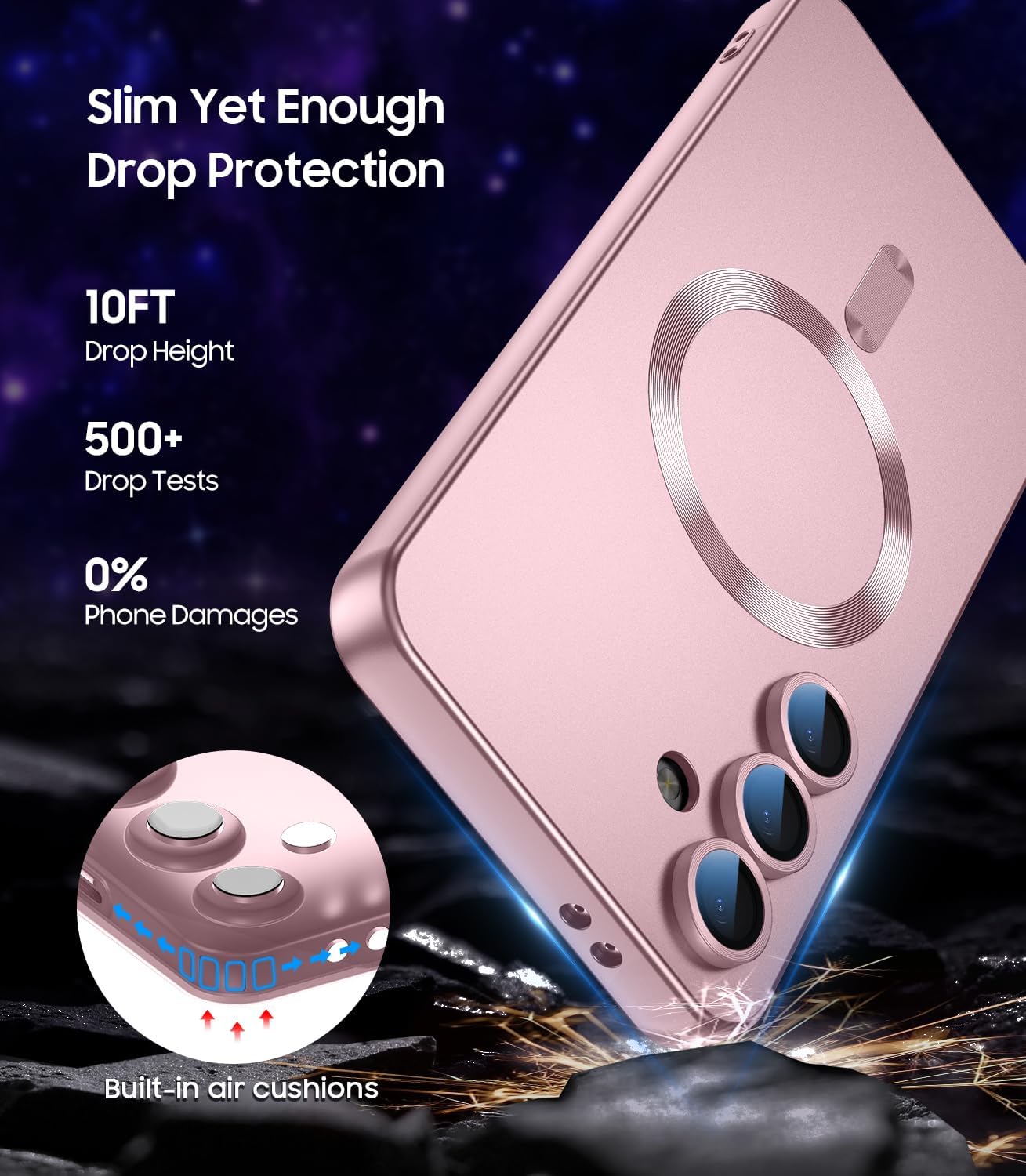 Magnetic for Samsung Galaxy S25 Plus Case [Compatible with MagSafe][Built-in Camera Lens Protector] Slim Soft Silicone Bumper Shockproof Metallic Luster Phone Shell (Rose Gold)