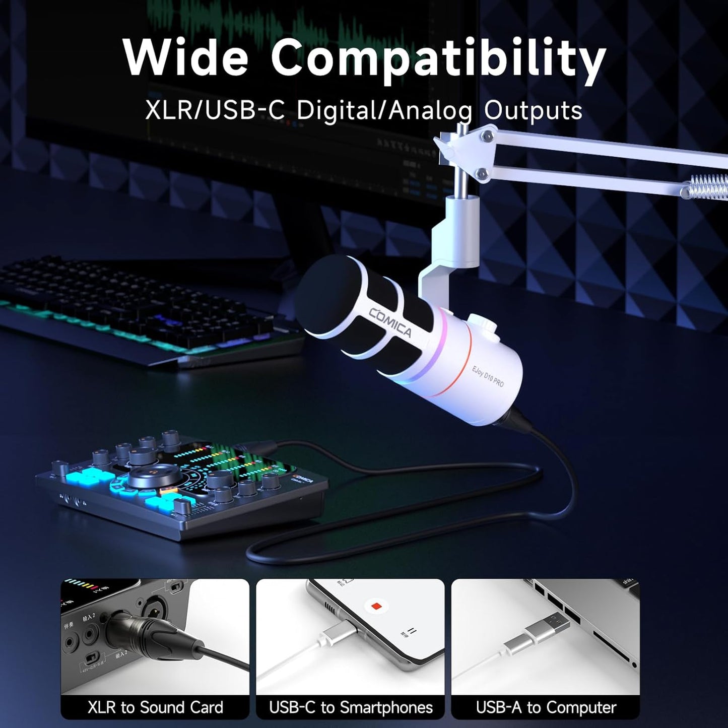 EJoy D10 PRO(A) USB Wireless Gaming Microphone – Boom Arm Mic with Wired/Wireless Modes, XLR/USB-C, Real-Time Monitoring, 45H Battery, RGB Dynamic Mic for Gaming, Streaming, Podcast, Recording (White)