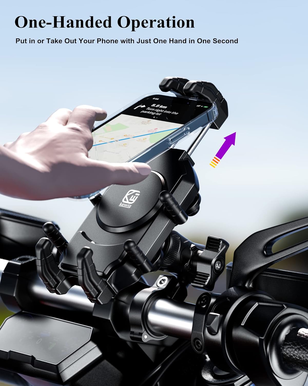 BRCOVAN Motorcycle Phone Mount Holder with Vibration Dampener & High-Speed Secure Lock, Anti-Theft Handlebar Cellphone Cradle for Bike Bicycle Scooter ATV, Adjustable Size, Fit 5.4-7.2'' Smartphone
