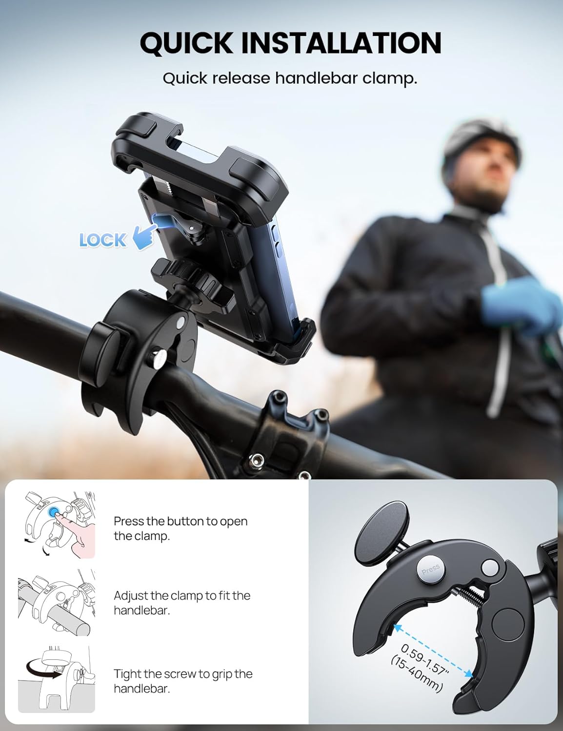 Lamicall Motorcycle Phone Mount, Bike Phone Holder - [Metal Lock] Upgrade Quick Install Handlebar Clip for Bicycle Scooter, Cell Phone Clamp for iPhone 16 15 14 Pro Max, Galaxy, 4.7-6.8" Phones"