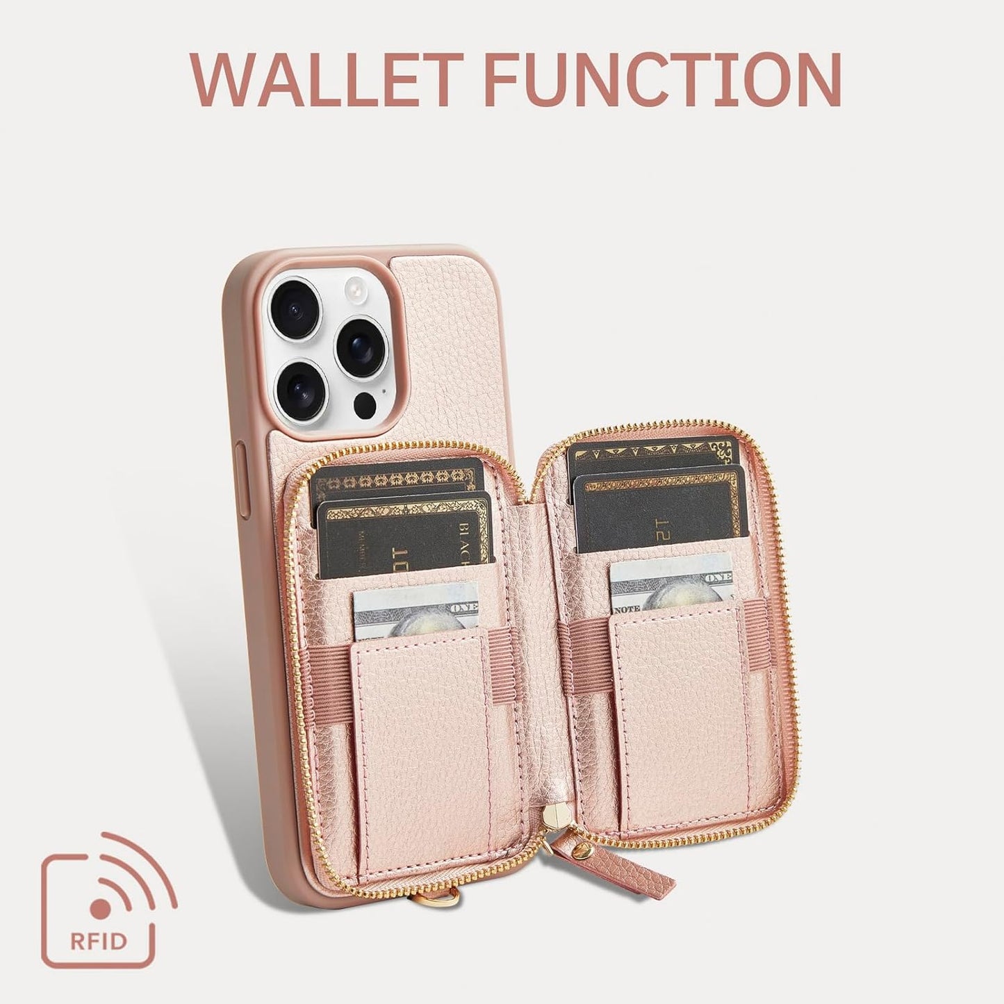 ZVE Wallet Case iPhone 15 Pro Max, Phone Case with Card Holder Wrist Strap, RFID Blocking Zipper Leather Gift Cover for Women for iPhone 15 Pro Max, 6.7"(2023) - Rose Gold"