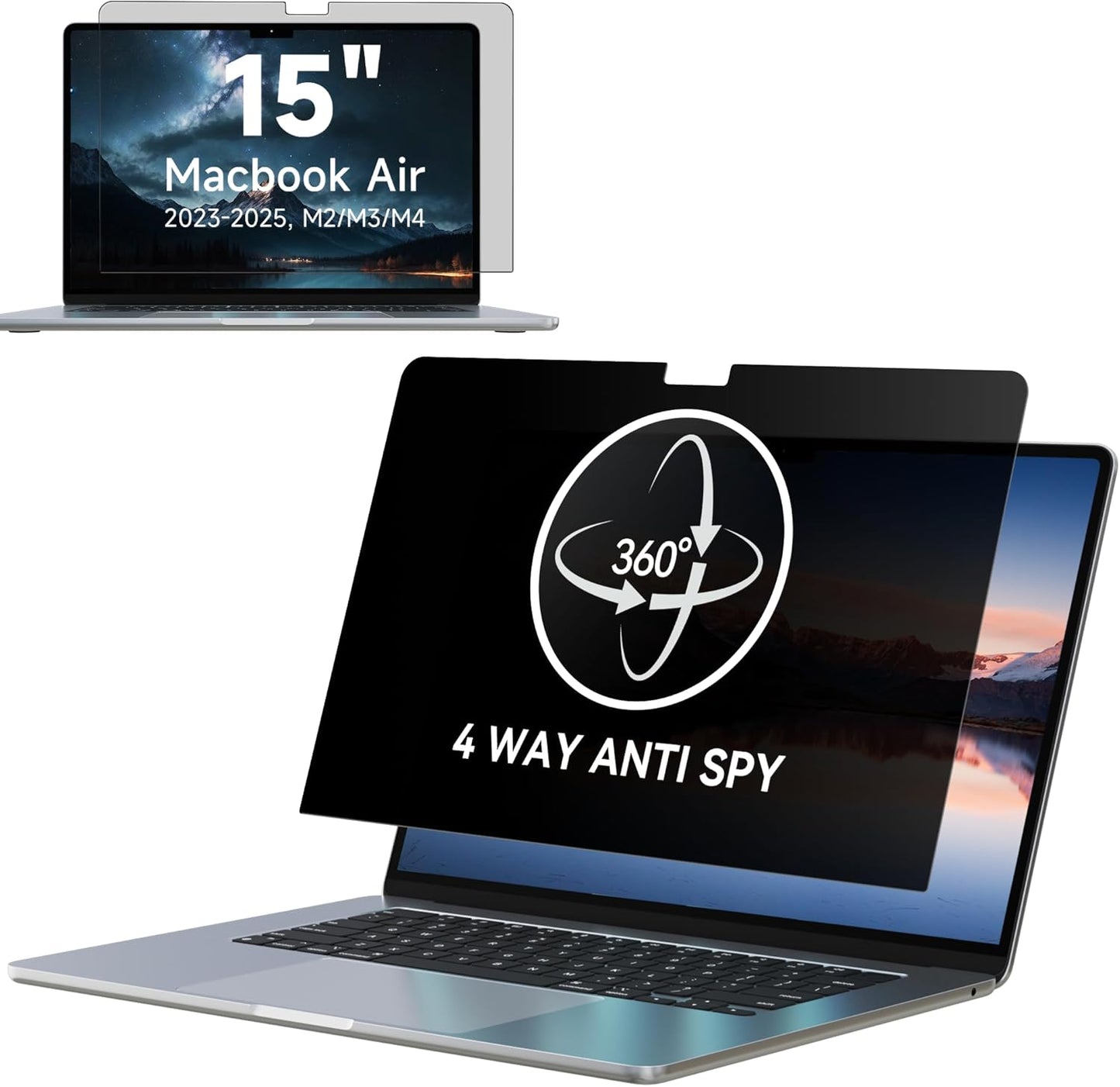 IPROKKO 360° Privacy Screen MacBook Air 15 inch (2023, 2024, 2025,M2,M3,M4),Matte Anti Glare Blue Light 15" Mac Scratch Resistant Laptop Screen Protector Filter"