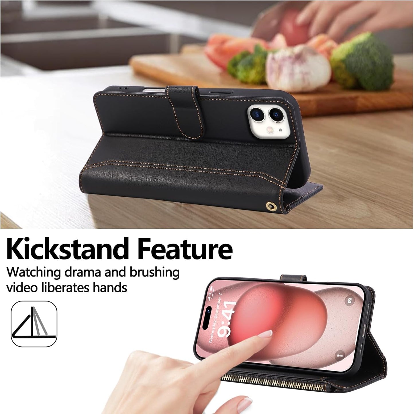 Compatible with iPhone 12/12 Pro Wallet Phone Case-PU Leather Magnetic Flip Cover with Credit Card Slots,Zipper Pocket & Detachable Wrist Strap,Shockproof Design,for Women and Men-Black