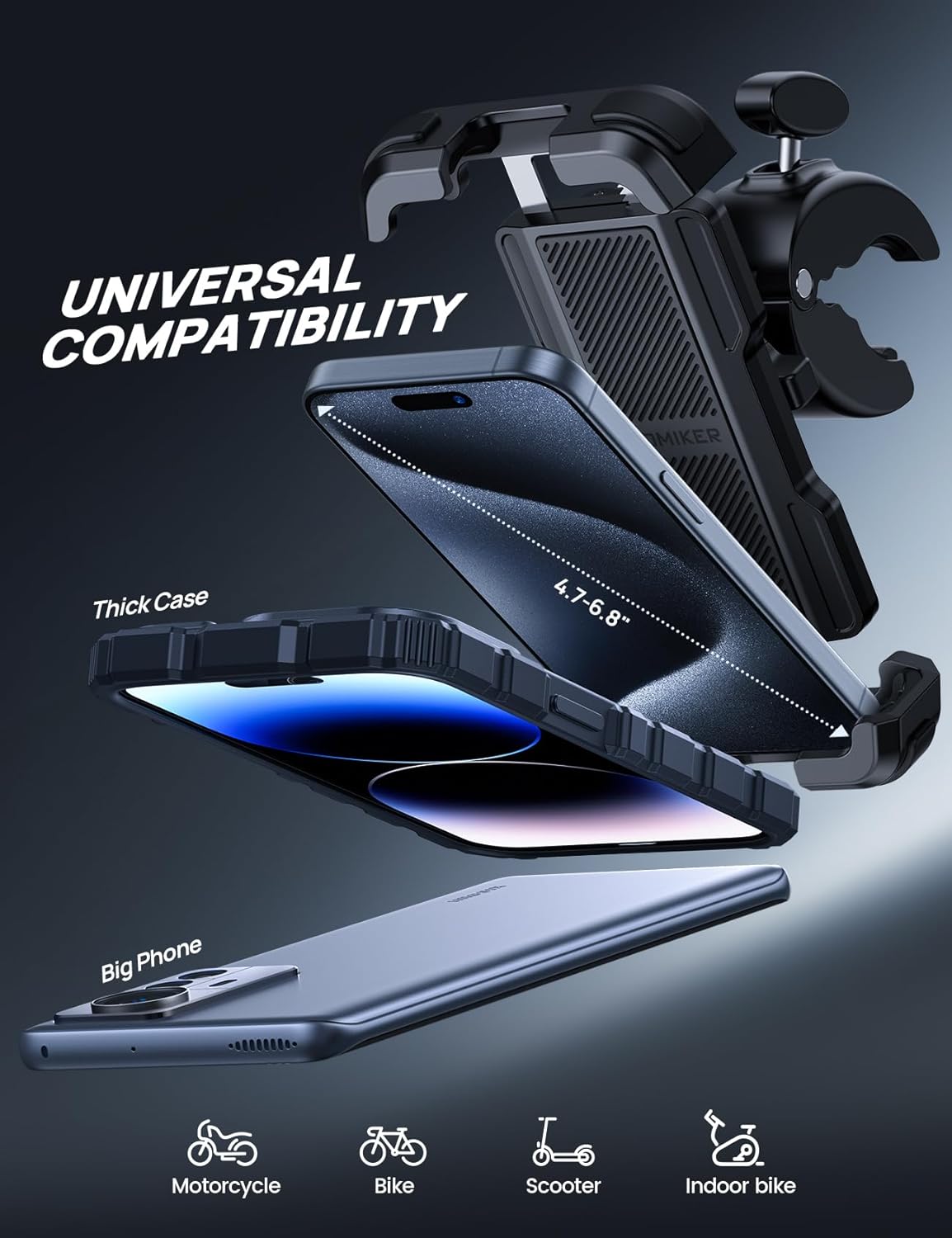 Bike Motorcycle Phone Holder Mount - [2025 Quick Release] Bike Phone Holder Handlebar Clamp, Bicycle Scooter Phone Clip for iPhone 16 15 14 13 12 11 Pro Max Plus Mini, 4.7-6.8" Smartphone"