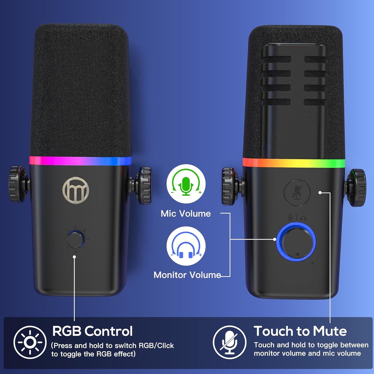ZealSound XLR/USB Dynamic Microphone for Gaming Podcast,Mic for iPhone Phone PC Computer Gaming Streaming Microphone with RGB Light,Mute Button,Mic Gain,Headphones Jack,Boom Arm Stand,Singing YouTube