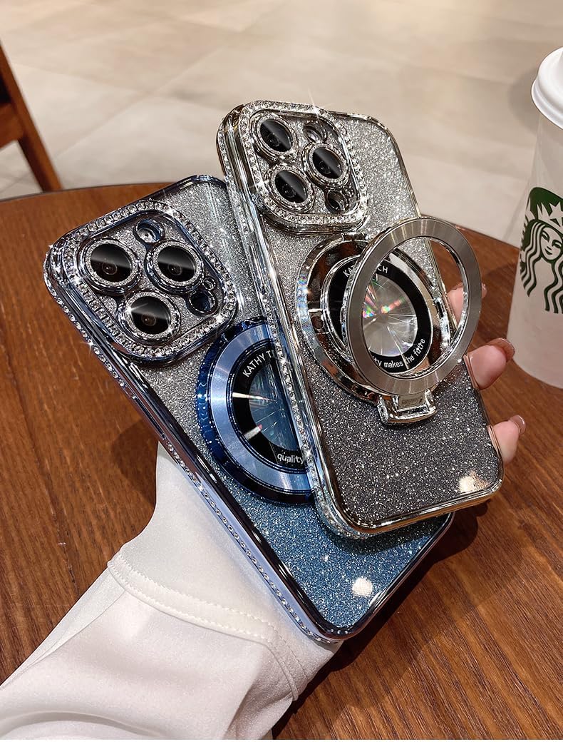 Magnetic Kickstand (Glitter Lens Protector ) Case for iPhone 16 15 14 13 Pro Max (Compatible with Magsafe ) Sparkling Diamond Cover Glitter Shiny Rhinestone Cases (Blue,for iPhone 16)