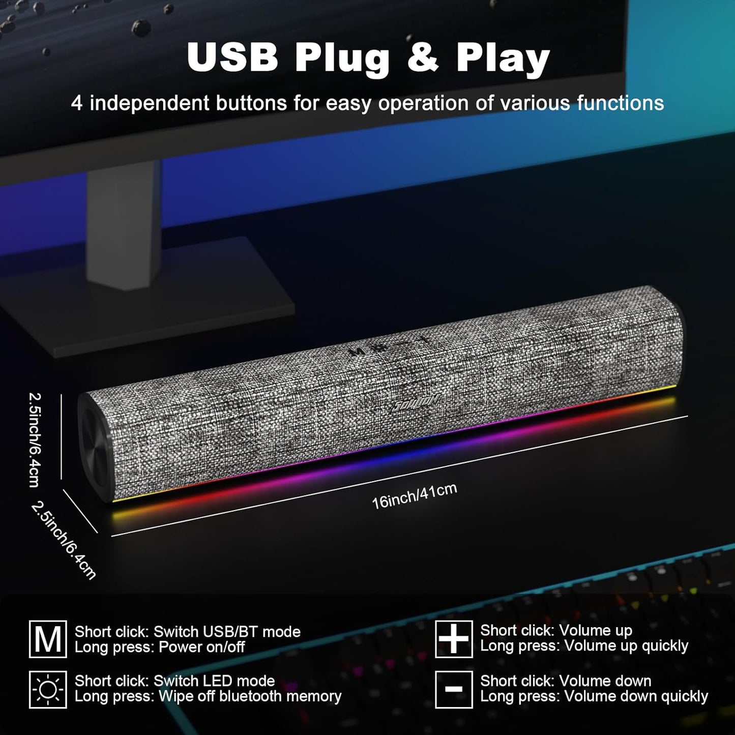 SOULION R100 Bluetooth Computer Speakers with Dynamic LED Light, USB Plug & Play PC Speakers with Switch Button, Clearly Sound Soundbar for Desktop Laptop Monitor(USB-C to USB Adapter Included)