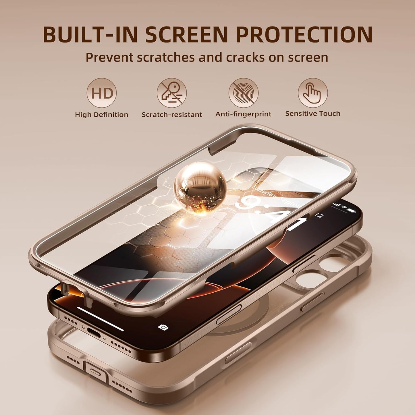 BERFY Magnetic for iPhone 16 Pro Max Case, Compatible with MagSafe, [Built-in 9H Tempered Glass Screen Protector & Upgraded Camera Protection]Full Body Shockproof Phone case for 16 ProMax,Desert Brown