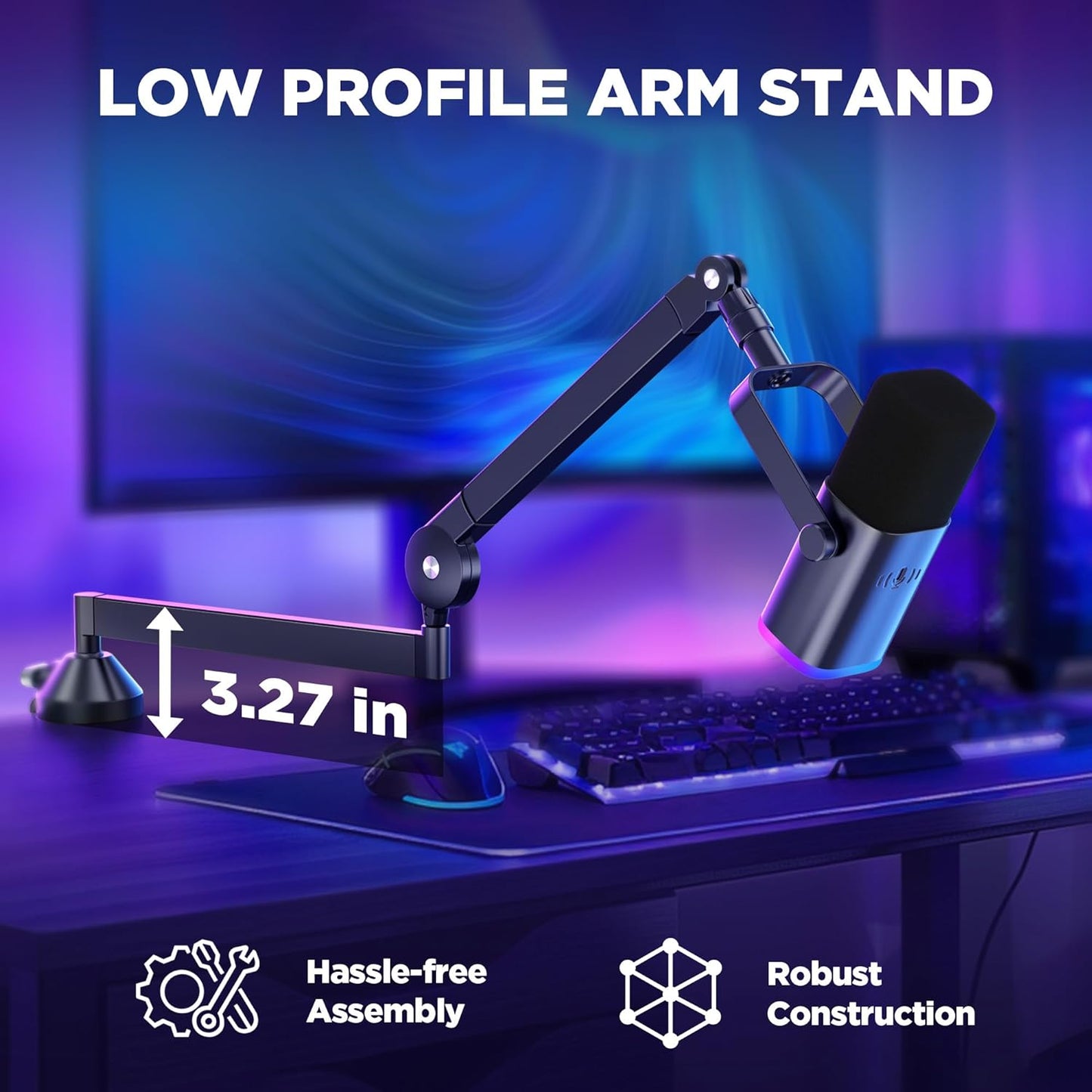 InnoGear Low Profile Mic Arm, 360° Rotatable Microphone Boom Arm Mic Stand for Fifine AM8 K669B Blue Yeti HyperX QuadCast SoloCast AT2020, with Mic Clip 3/8" to 5/8", 3/8" to 1/4" Adapter, Black