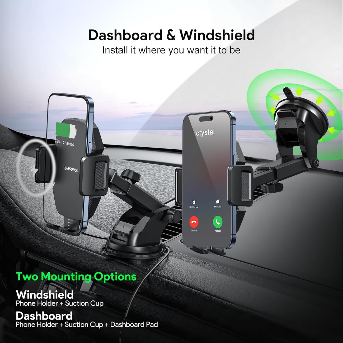 Car Phone Holder &15W Wireless Fast Charger, Auto-Clamp Qi Charging Mount, 360° Adjustable Phone Holder for iPhone/Android, Air Vent Mount with Overcharge Protection - by Esoulk
