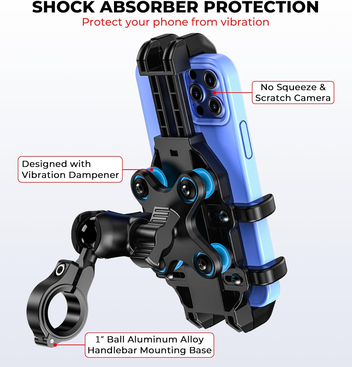 Motorcycle Phone Mount with Vibration Dampener, Anti-Shake Bike Phone Holder with Aluminum Alloy Handlebar Clamp, One-Handed Operation Motorcycle Cellphone Mount Fit for 5.4"-7.2"" Smartphone"