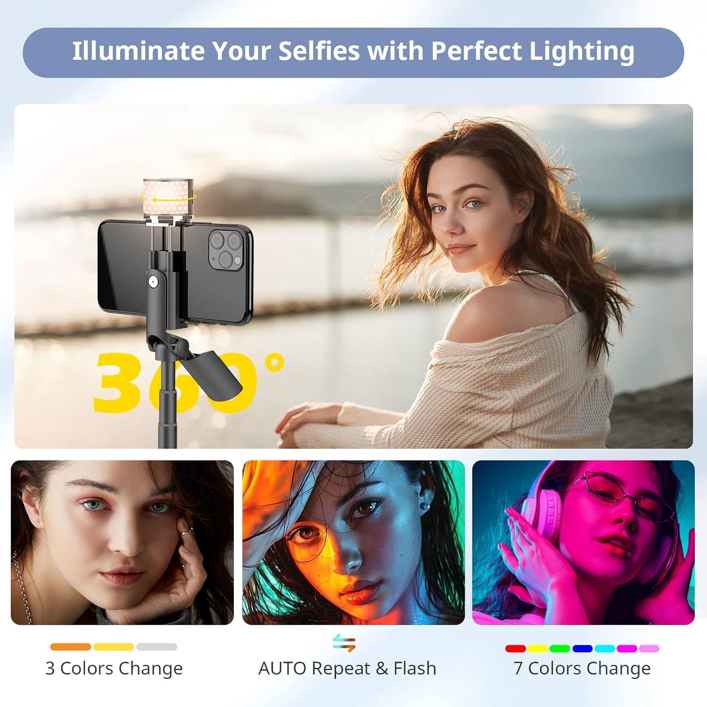 Sensyne Selfie Stick with Light, Phone Tripod with 360° Rotatable Handle Compatible with Cellphones for Selfies/Photography/Video Calls/Live Stream/Content Creating (Black)