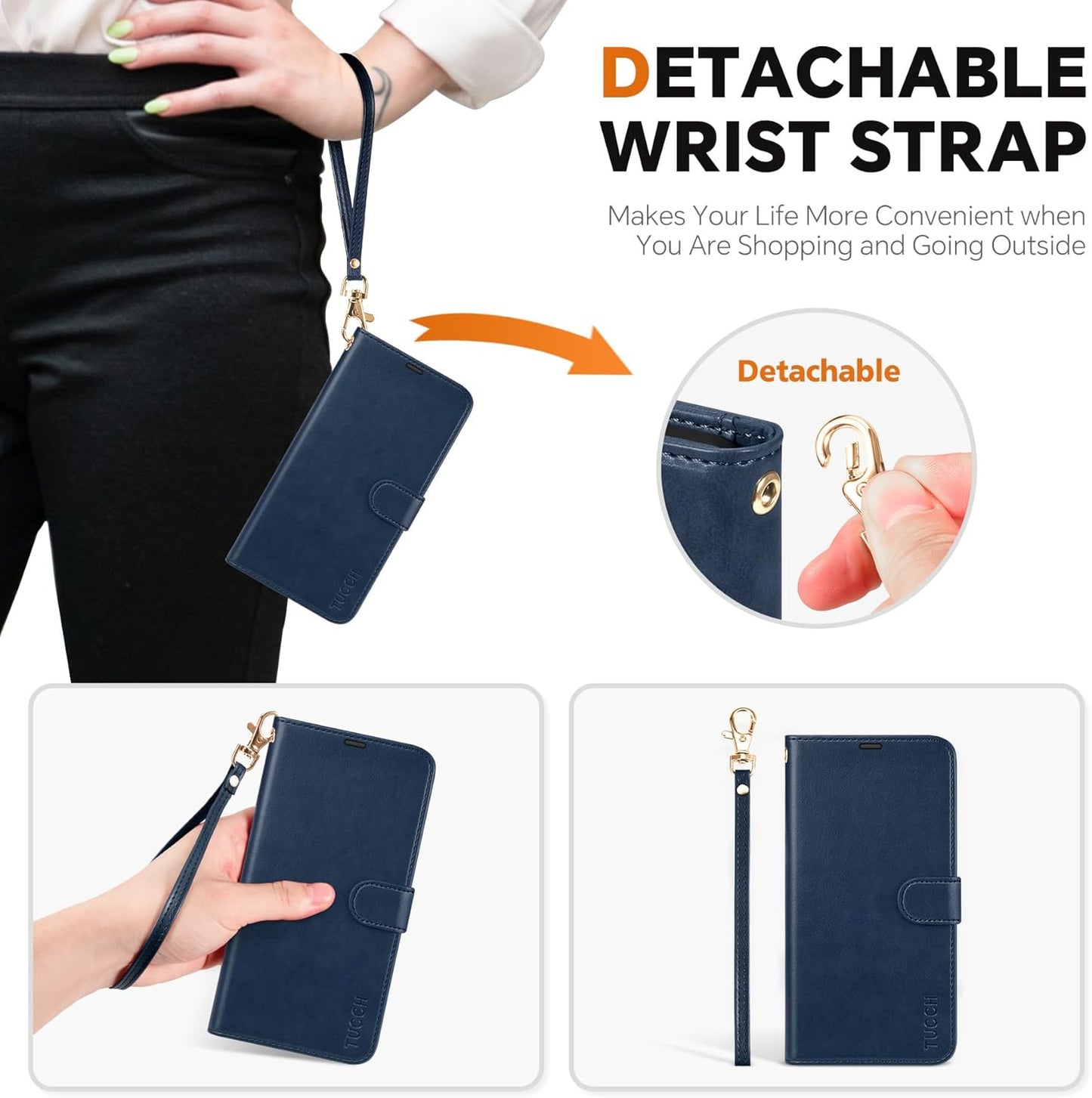 TUCCH Case for Galaxy S25 Ultra, [Detachable] 2 in1 Magnetic PU Leather Wallet with Wrist Strap RFID Blocking [Wireless Charging] 4 Card Slot Kickstand Removable Cover for Galaxy S25 Ultra, Dark Blue