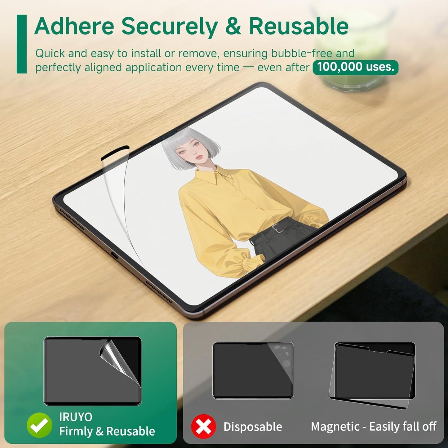 Nano-Suction Paper Feel Screen Protector for iPad Air 13 Inch M3/M2 (7th/6th Gen, 2025/2024), Removable, Reusable, Write as Real Paper, Anti Glare, Stable, Matte Finish