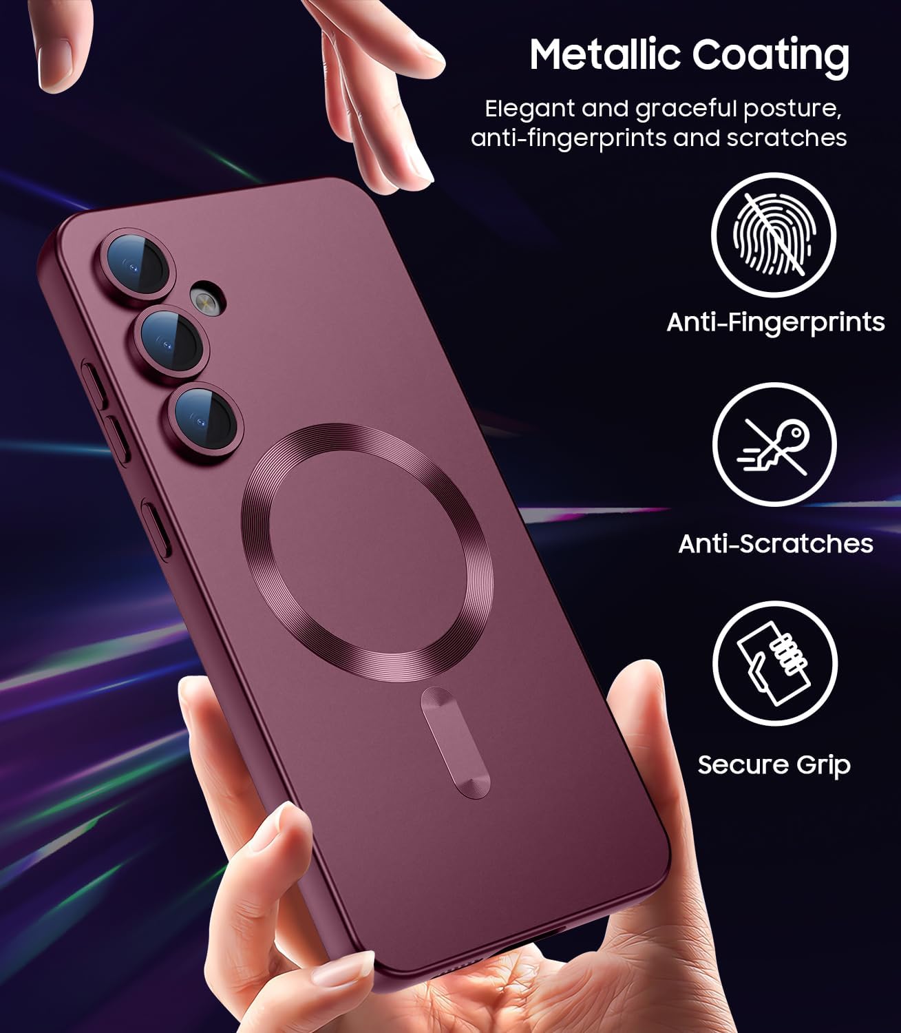 Magnetic for Samsung Galaxy S24 FE Case [Compatible with MagSafe][Built-in Camera Lens Protector] Slim Soft Silicone Bumper Shockproof Metallic Luster Phone Cover (Burgundy)