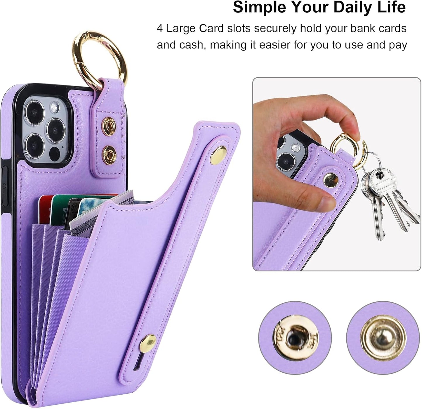 Folosu for iPhone 12/12 Pro Wallet Case with Card Holder, Hand Wrist Strap Loop Holder Kickstand, RFID Blocking Finger Grip Ring PU Leather Double Buttons Shockproof Cover 6.1" Purple"