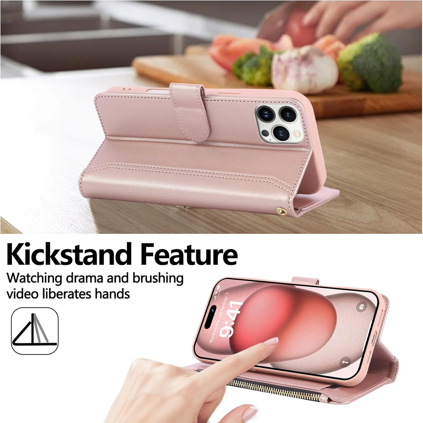 Compatible with iPhone 13 Pro Max Wallet Phone Case-PU Leather Magnetic Flip Cover with Credit Card Slots,Zipper Pocket & Detachable Wrist Strap,Shockproof Design,for Women and Men-Pink