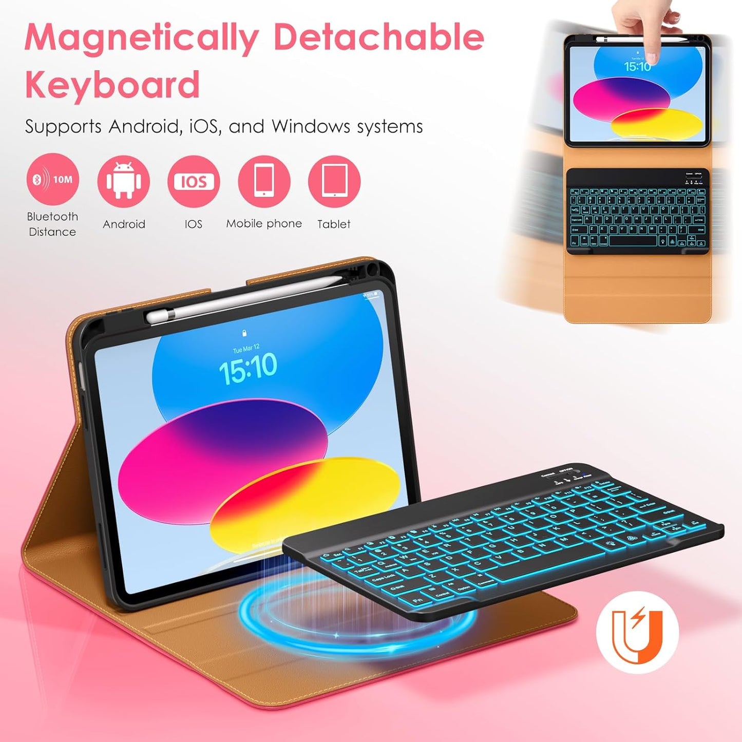 DTTO for iPad 11th (A16)/ 10th Generation Case with Keyboard (2025/2022), 7 Colors Backlit Wireless Detachable Keyboard Leather Folio Cover with Pencil Holder & Pocket, Rose Red A2