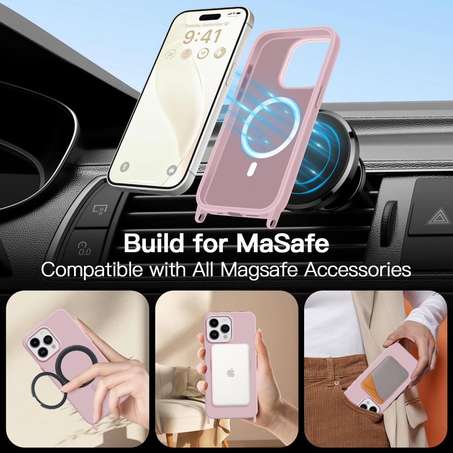 for iPhone 16 Pro Max Case with Lanyard [Compatible with MagSafe], Crossbody Phone Case with Neck Strap Adjustable, Magnetic Phone Cover for iPhone 16 Pro Max 6.9'' Pink