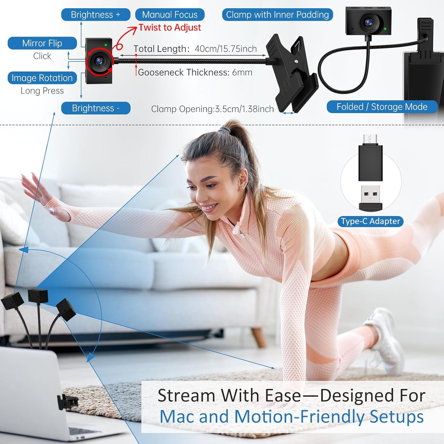 Eye Contact Web Camera for Desktop Computer – 1080P USB Camera with Microphone & Stand, Center Cam for Laptop or Desktop, Manual Focus, Plug & Play for macOS & Windows（Black）