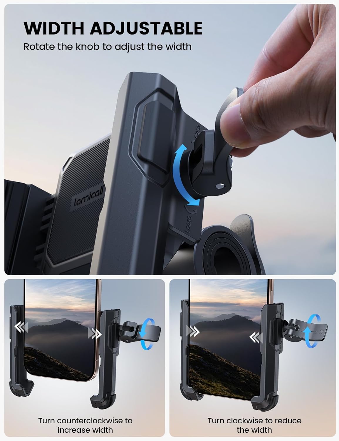 Lamicall Motorcycle Bike Phone Mount - [No Block Camera] [1s Lock] Bike Cell Phone Holder Clamp, Bicycle Scooter Handlebar Clip, for iPhone 16 15 14 Pro Max, Galaxy S25 S24 Ultra, 4.7-7" Phones"