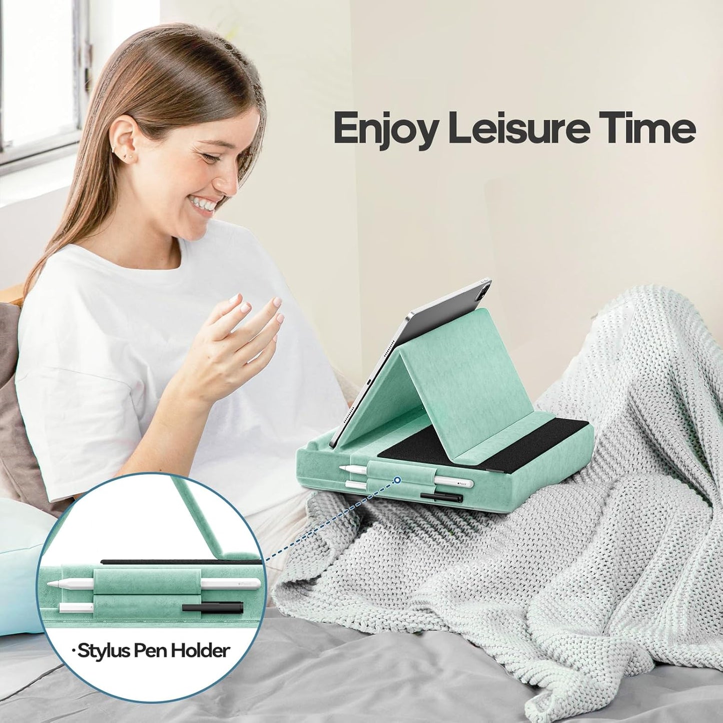 KDD Tablet Pillow Stand, Multi-Angle Viewing Ipad Holder for Lap, Bed and Desk, Foldable Soft Pad Dock with Stylus Mount Compatible with Ipad Pro 12.9, 10.5, 11, Air, Mini, Phones, Books, E-Reader