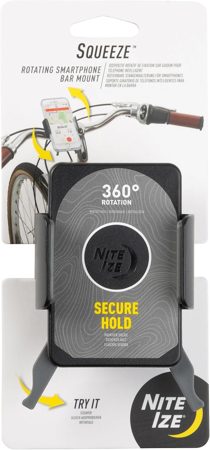 Nite Ize Squeeze Rotating Smartphone Bar Mount - Bike Mount Phone Holder for Handlebars - Phone Holster Accessories - Rotating Phone Holder with Easy-to-Squeeze Levers - Black