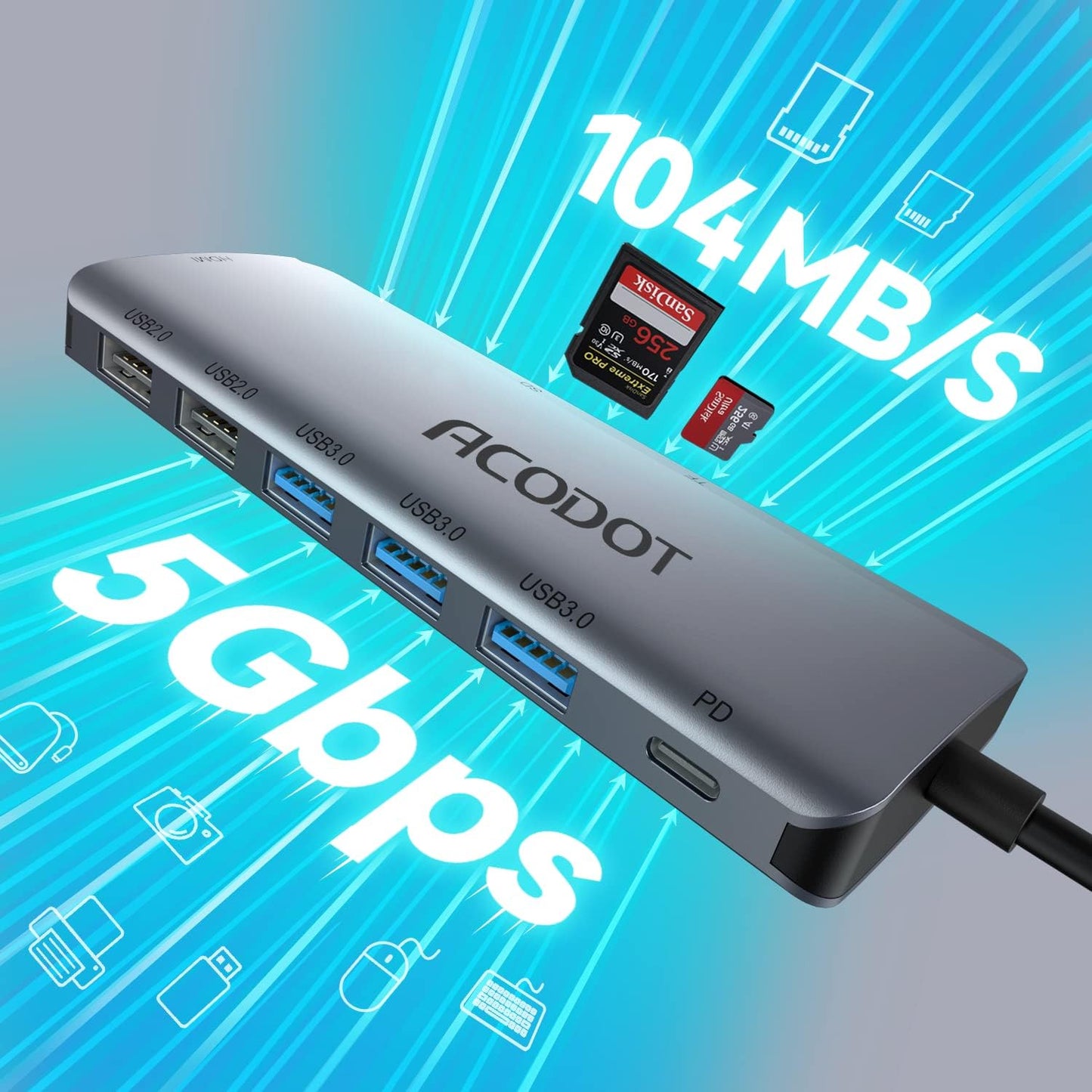 USB C Hub, Acodot 9 in 1 Type C Hub Adapter Portable Docking Station Aluminum Dongle Compatible with MacBook Pro/Thunderbolt 3 Laptops of Type C Devices, with 4K HDMI/ 5 USB Ports/ 100W PD/SD/TF