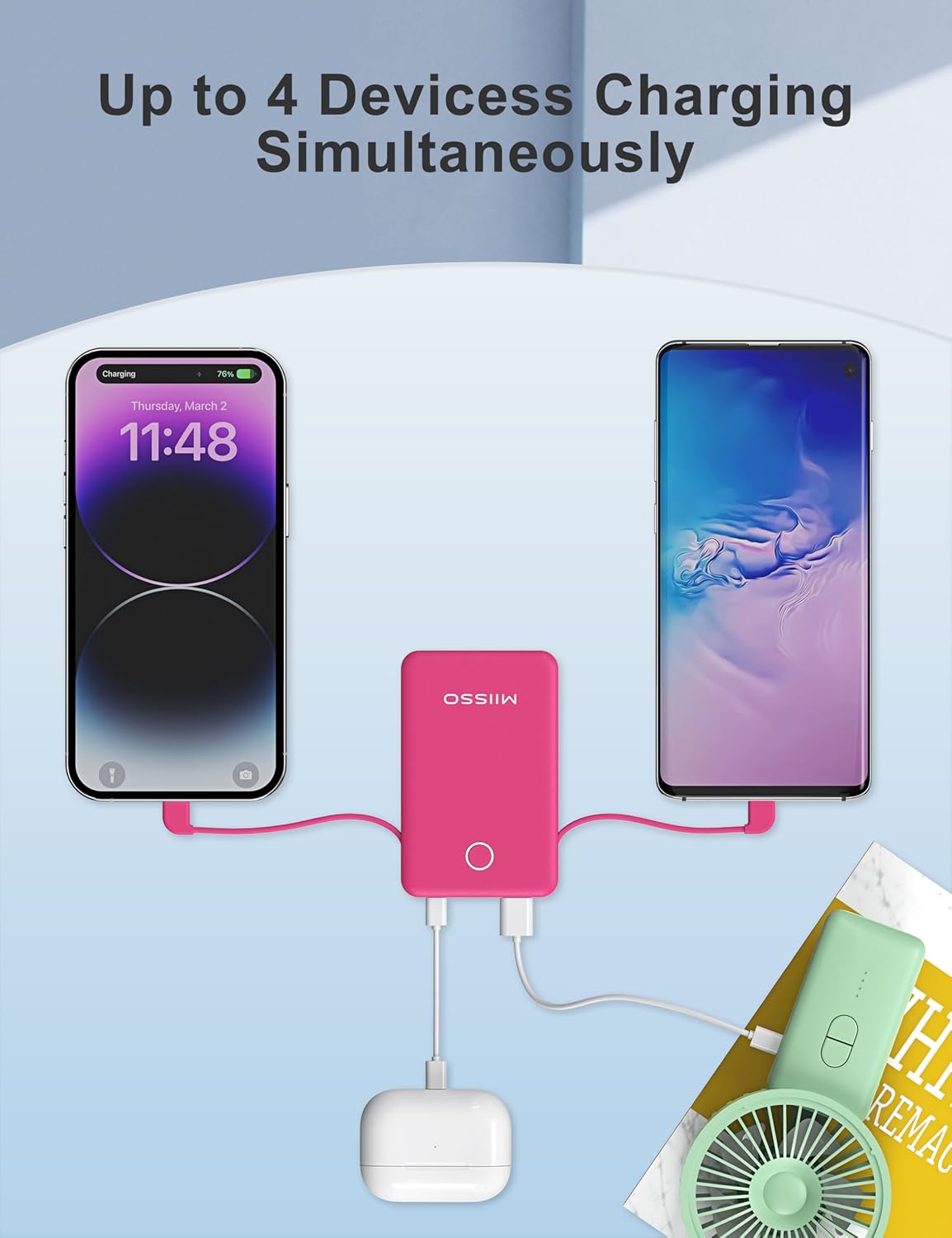 miisso 6000mah Ultra Slim Built in Cables Power Bank, Card Size Built in USB C Cords Battery Pack Portable Charger for Phones, 3 Output External Battery Pack Compatible with iPhone, Samsung, Plum Red