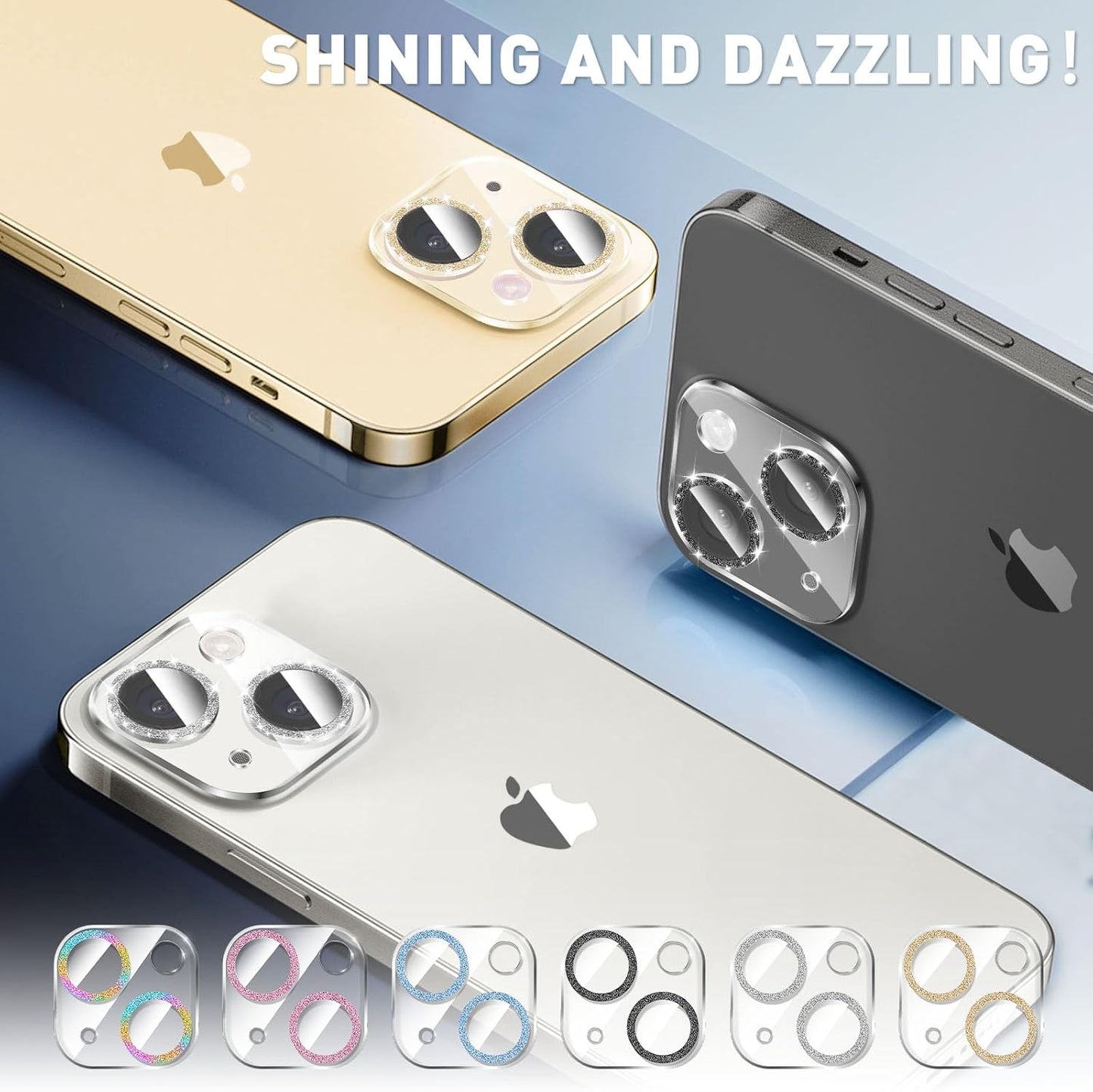 LucBuy 3PCS Sparkling Camera Lens Protector for iPhone 14/iPhone 14 Plus, Full Clear Acrylic Cover with Shiny Colorful Glitter Designed Decoration Back Camera Protector