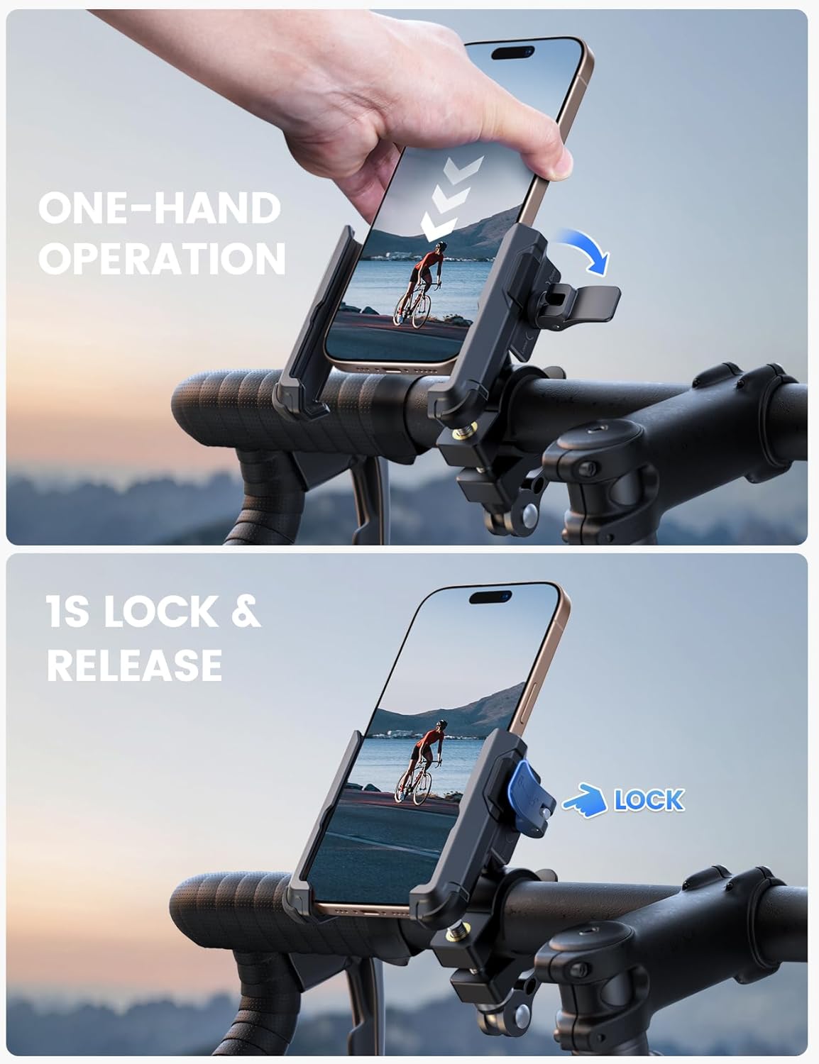 Lamicall Motorcycle Bike Phone Mount - [No Block Camera] [1s Lock] Bike Cell Phone Holder Clamp, Bicycle Scooter Handlebar Clip, for iPhone 16 15 14 Pro Max, Galaxy S25 S24 Ultra, 4.7-7" Phones"