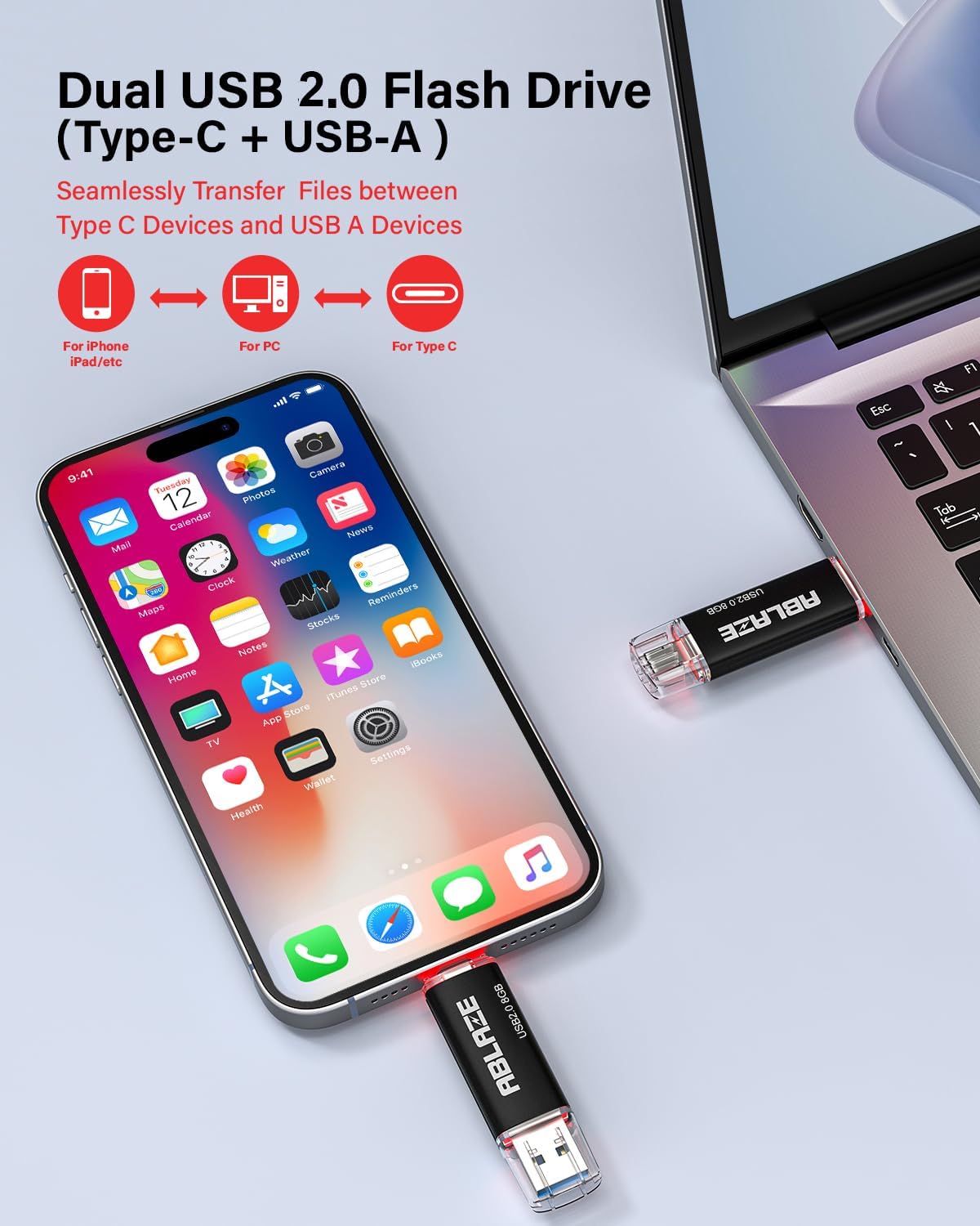 ABLAZE 8GB Type C Flash Drive 10 Pack, Dual USB 2.0+USB C Memory Stick Thumb Drive Compatible with iPhone 16/15, Android Smartphone, Computers, Tablets, Mac,iPad,PC
